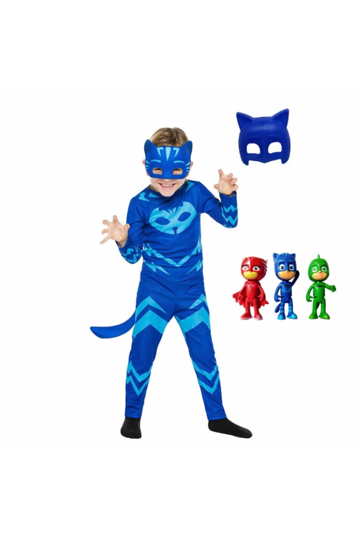 SEDİRLİ Pj Mask Pija Maskeliler 3'lü Mini Figür Oyuncak Ve Catboy Kedi Çocuk 2 Maskeli Kostüm Seti