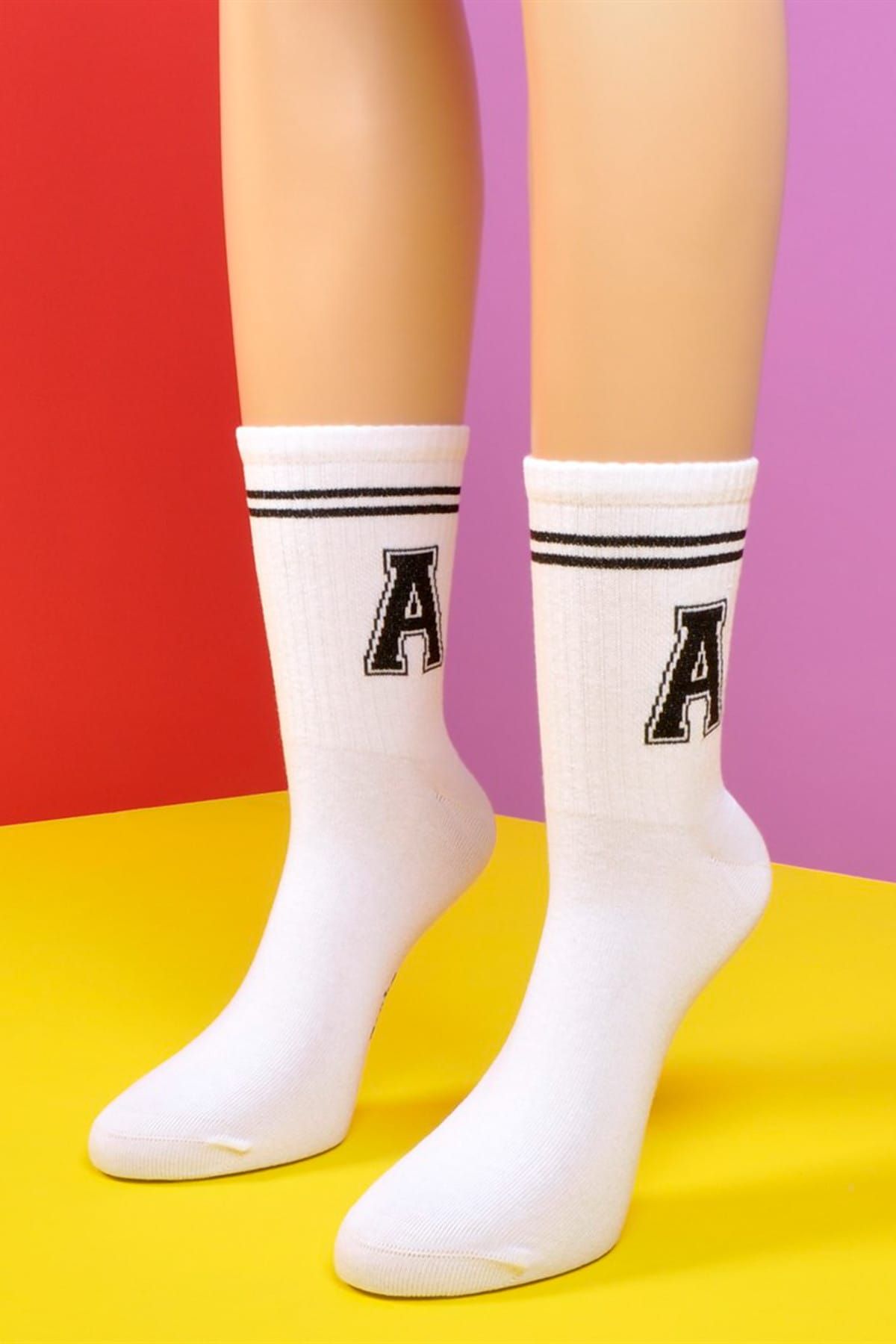 Socks Academy A Harfli İki Siyah Çizgili Beyaz Çorap