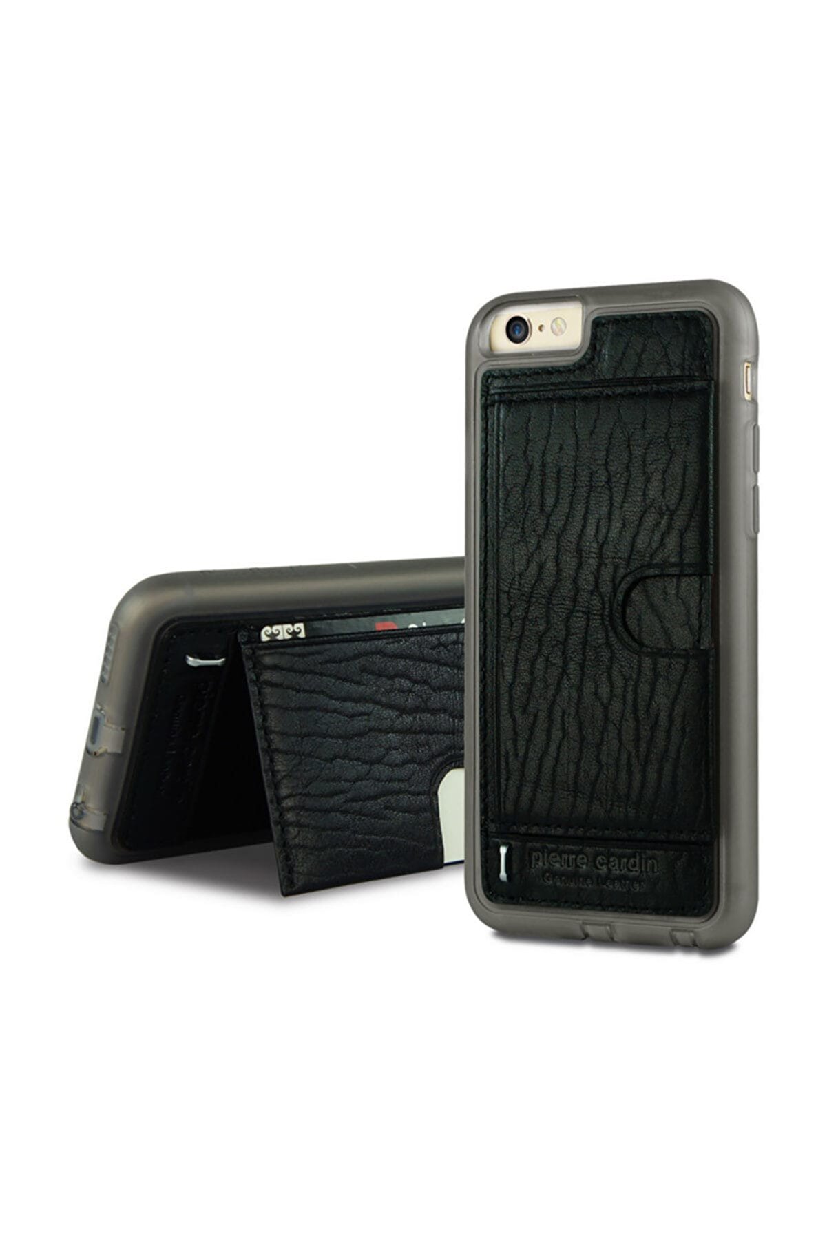 Pierre Cardin iPhone 6 / 6S Siyah Standlı Deri Arka Kapak Yan Silikon PCL-P11