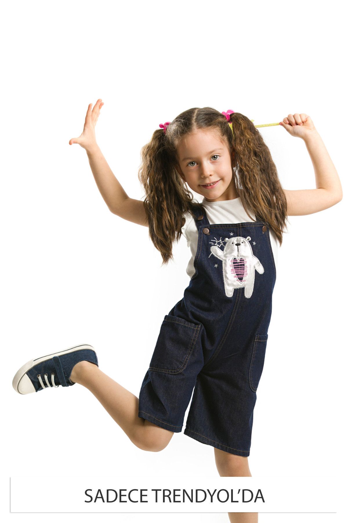 MSHB&G Lacivert Beyaz Kız Çocuk Ayıcık Denim Salopet+T-Shirt MS-18Y1-122