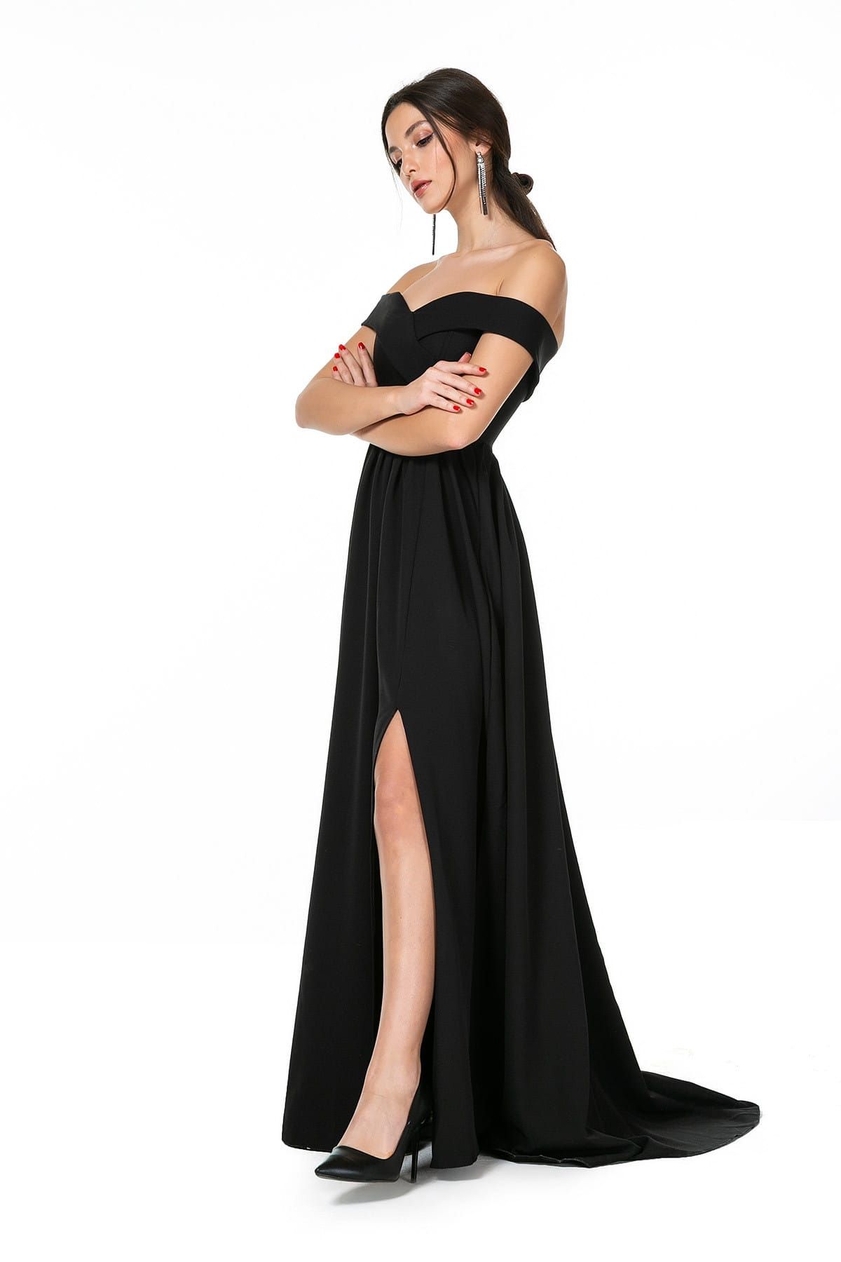 Sateen Kadın Siyah Düşük Omuz Uzun Abiye Elbise 9KEL522K141 9KEL522K141