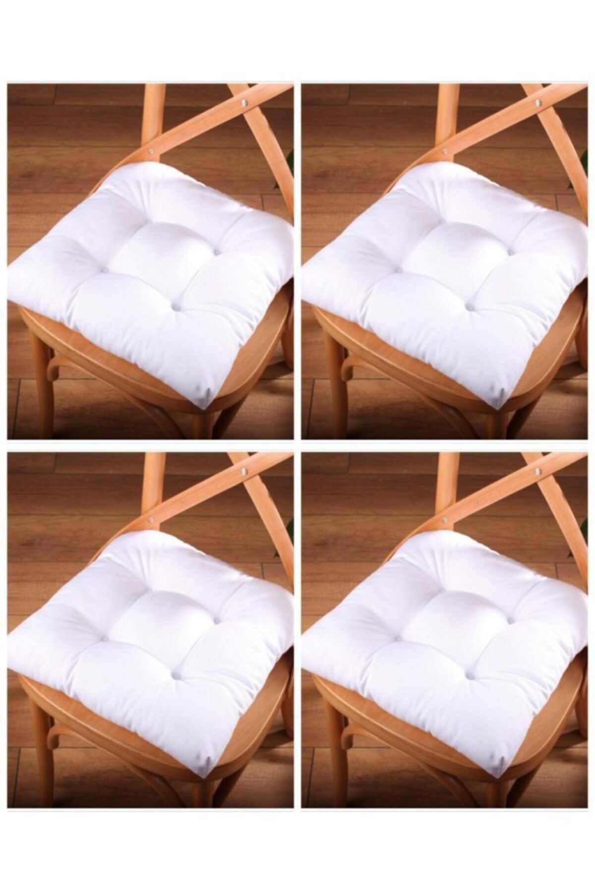 ALTINPAMUK 4'lü Gold Lüx Pofidik Beyaz Sandalye Minderi Özel Dikişli Bağcıklı 40x40cm