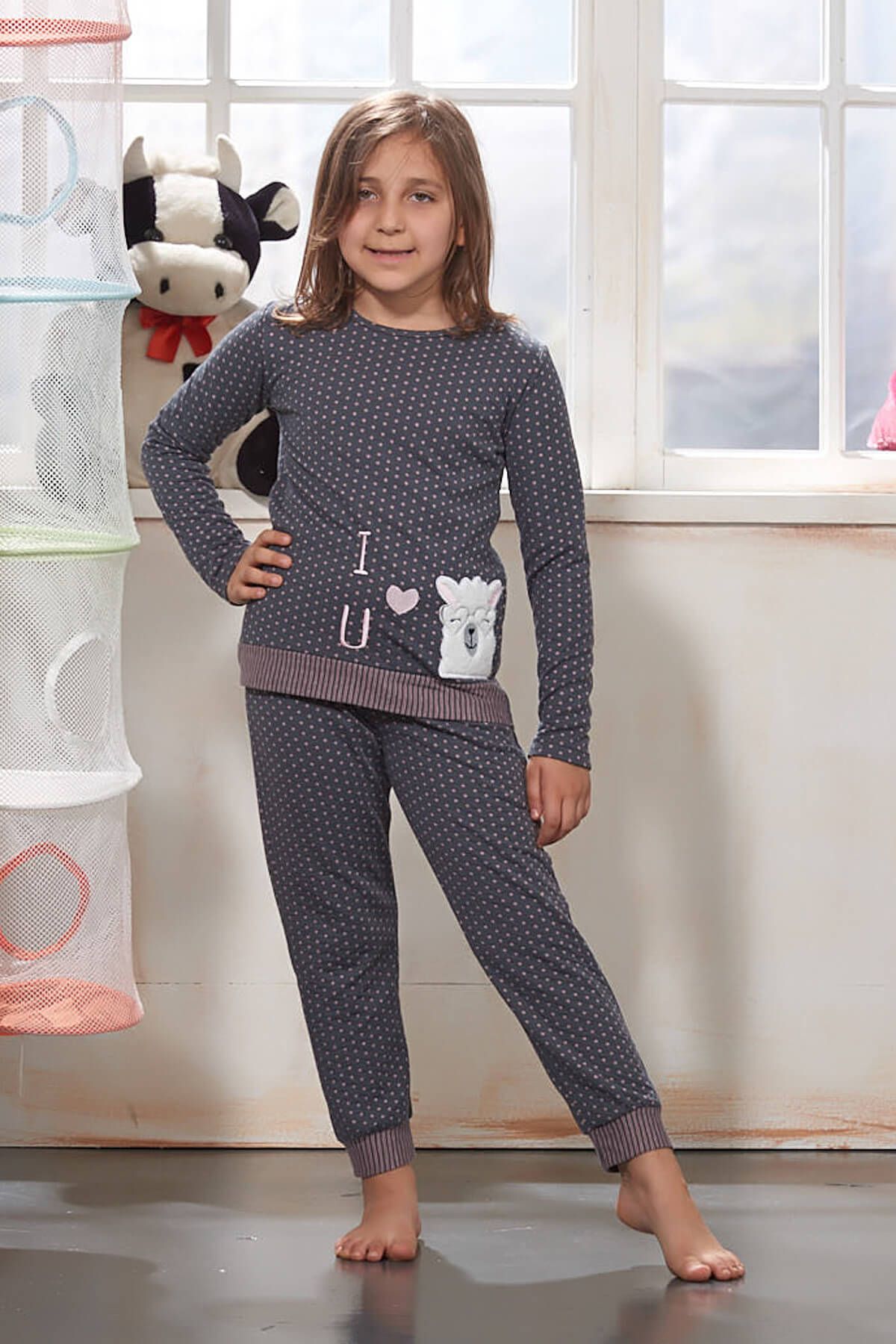 ZEYZEY Kız Çocuk Pembe Puanlı Nakışlı Pijama Takımı