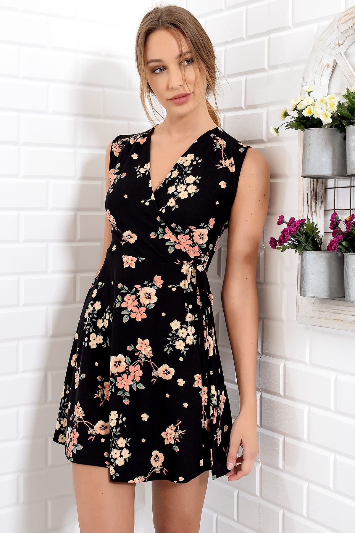 Trend Alaçatı Stili Kadın Siyah-Çiçekli Çiçek Desenli Kruvaze Elbise ALC-016-112-Y