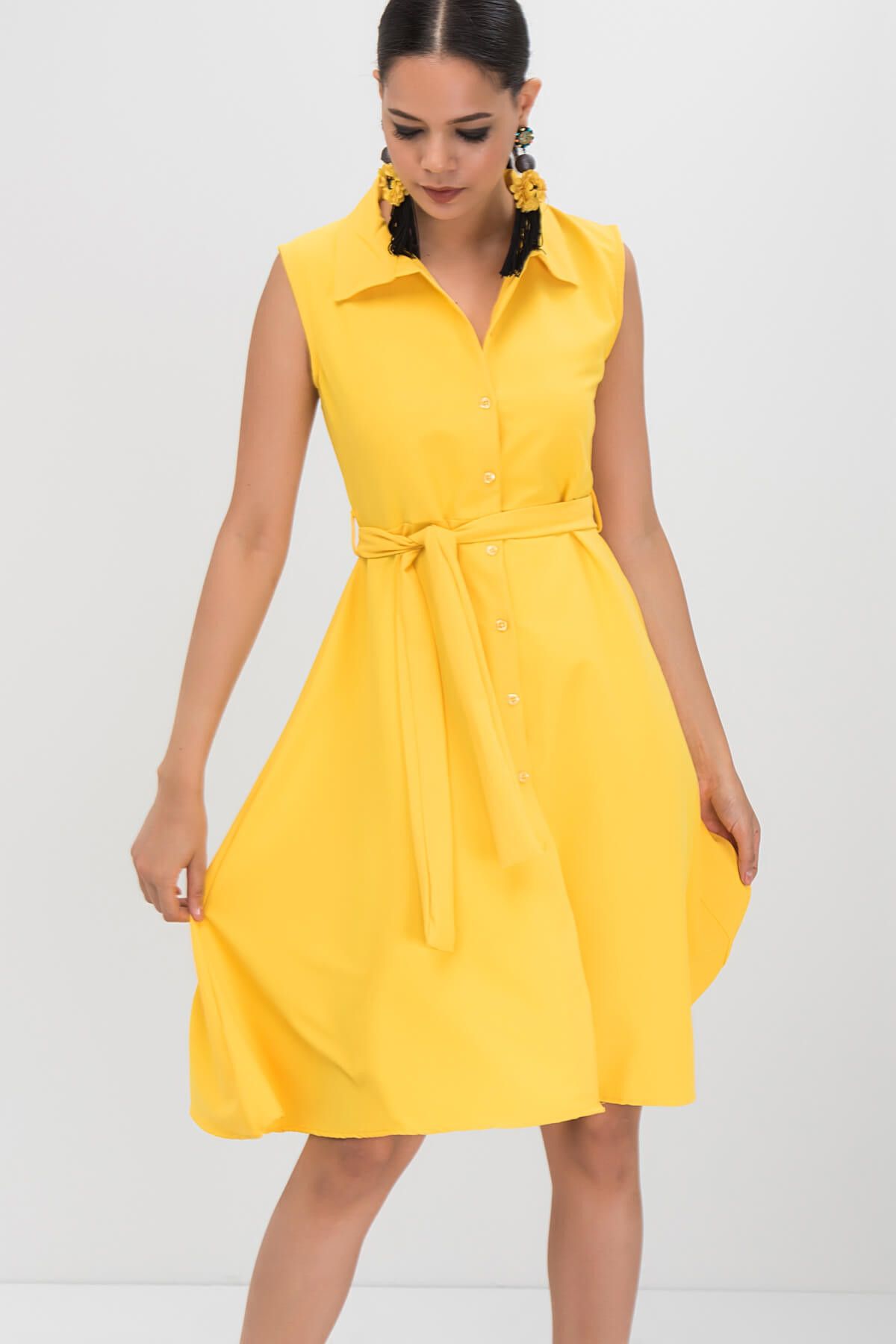 Cool & Sexy Kadın Sarı Bağlamalı Gömlek Elbise GTS597
