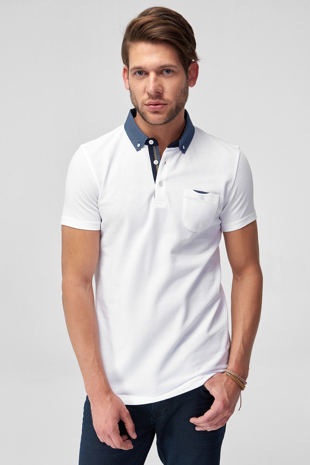 TRENDYOL MAN Golf Port Beyaz Erkek Pamuk T-Shirt  - Cepli Kısa Kollu Dokuma Polo Yaka