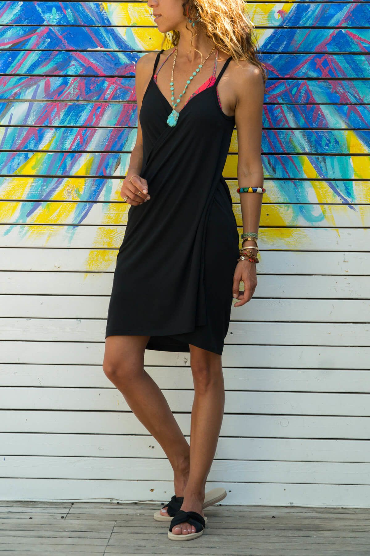 Trend Alaçatı Stili Kadın Siyah Kruvaze Plaj Elbisesi ALC-018-059