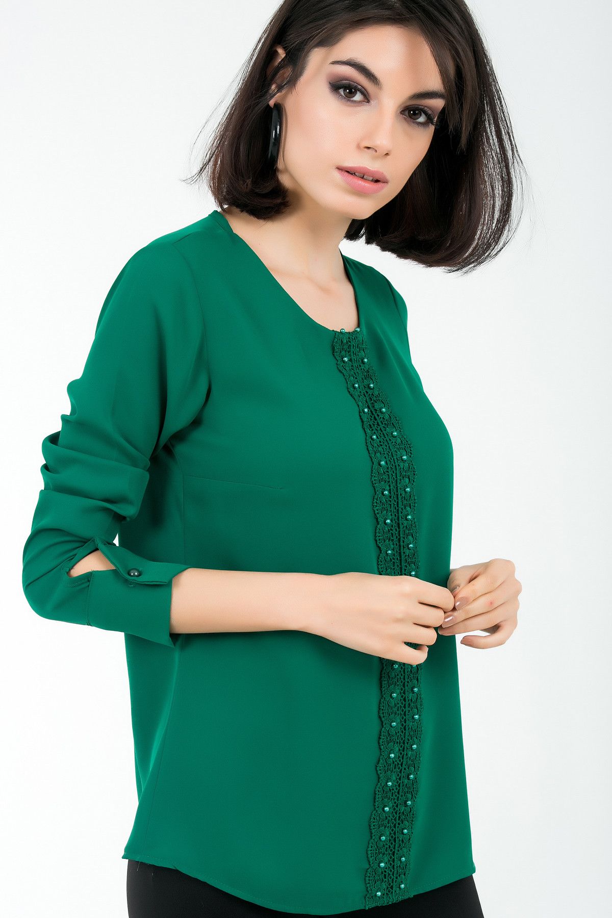 By Saygı Kadın Yeşil Önü Dantel Ve İnci Detaylı Şifon Bluz S-19Y2800018