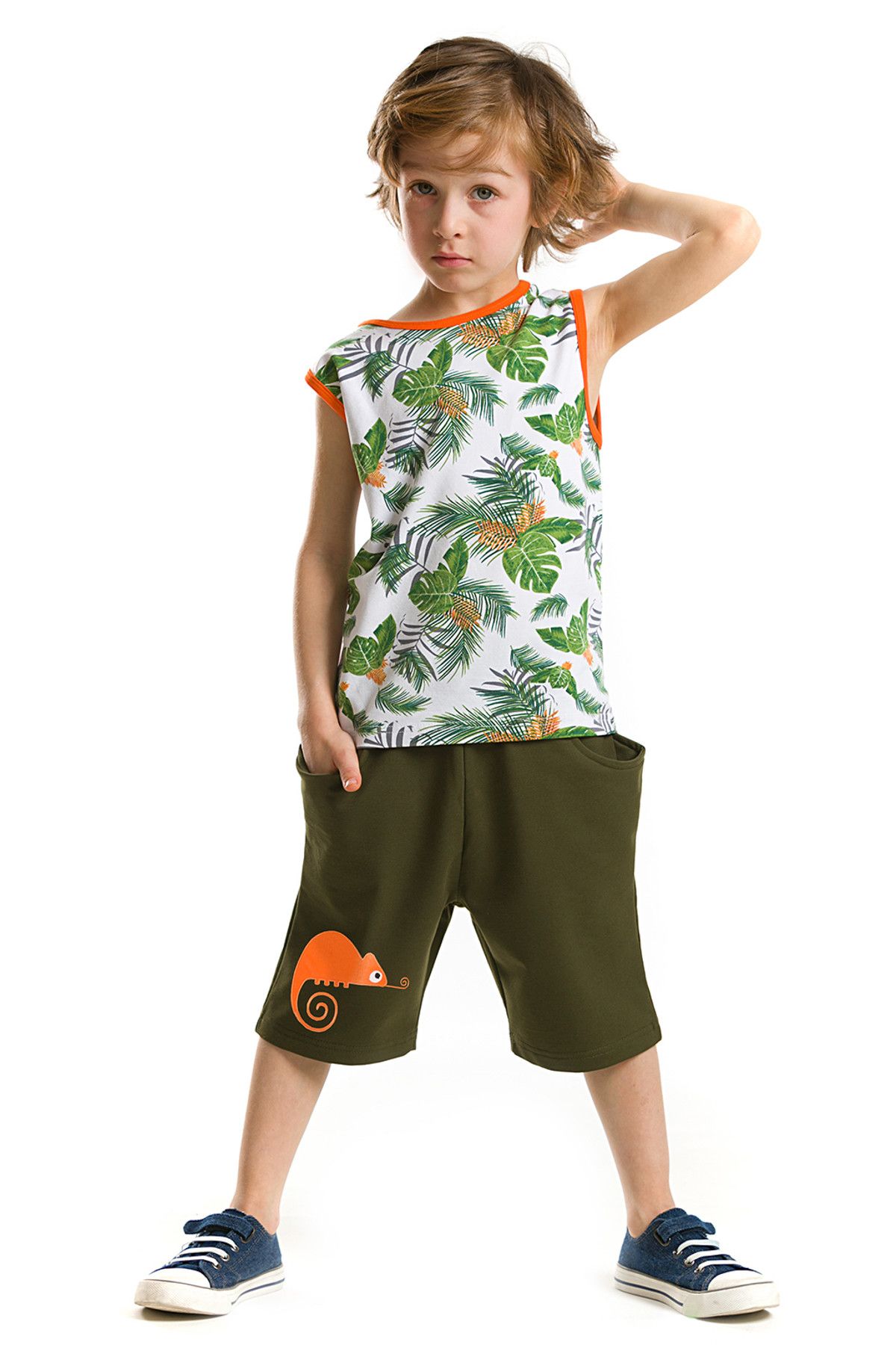 Denokids Turuncu Yeşil Erkek Çocuk Tropik Chamelon Şort Takım CFF-18Y2-091