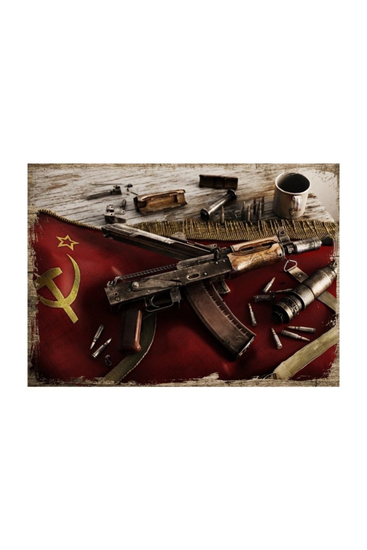 Cakatablo 25cmX35cm Ahşap Tablo Sovyet Bayrağı AK 47
