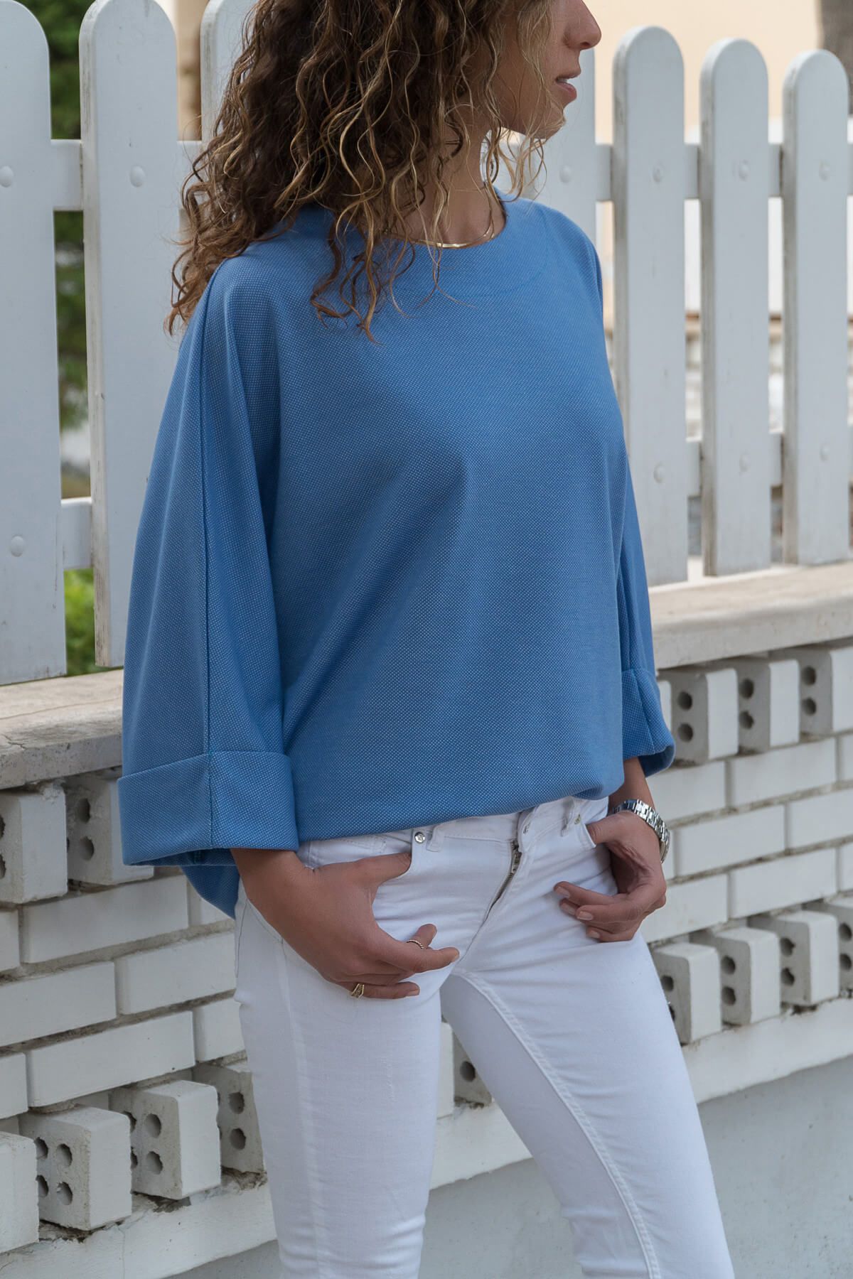 Trend Alaçatı Stili Kadın Mavi Double Kol Bluz FME-016-216-A