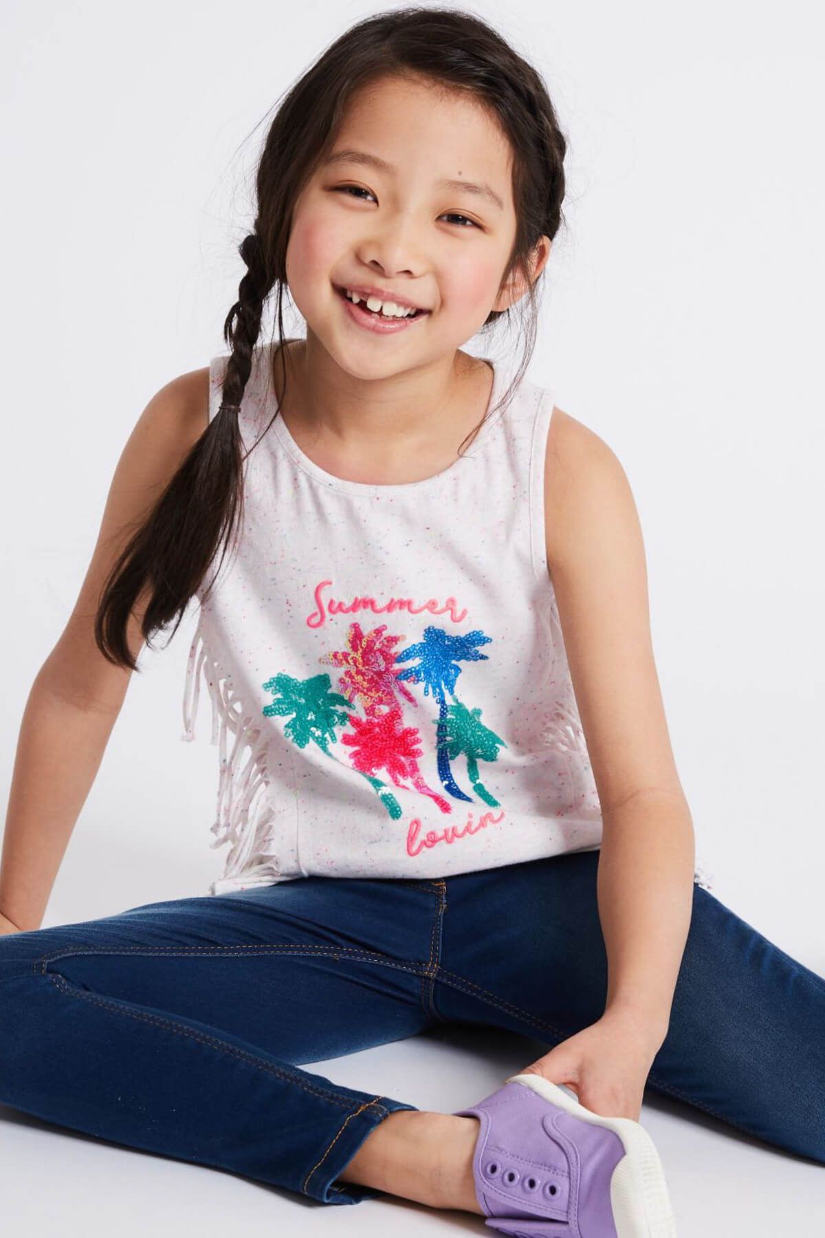 Marks & Spencer Beyaz Kız Çocuk Pamuklu Pullu Atlet Bluz
