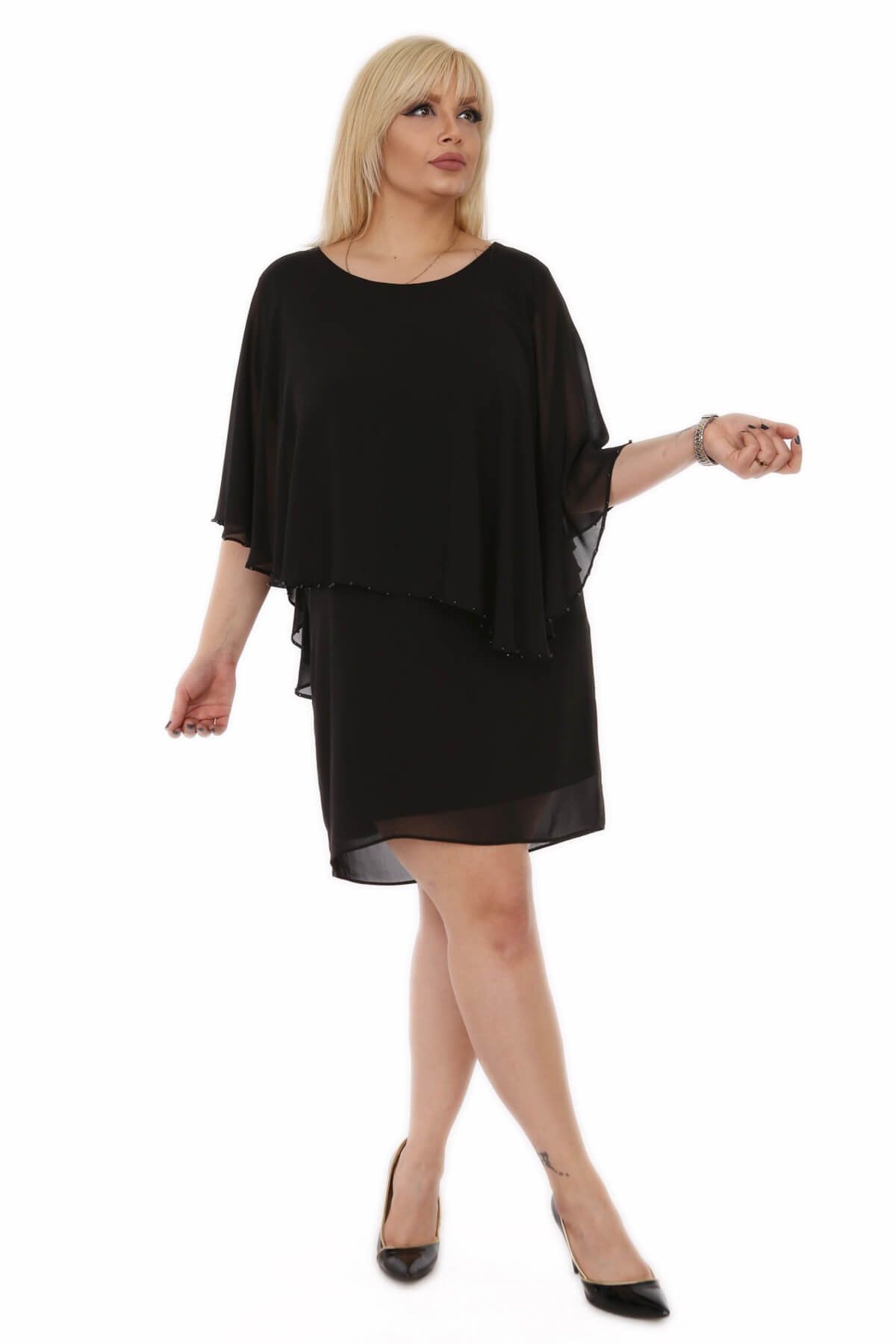 Rmg Kadın Siyah Tül Detaylı Büyük Beden Elbise 6355