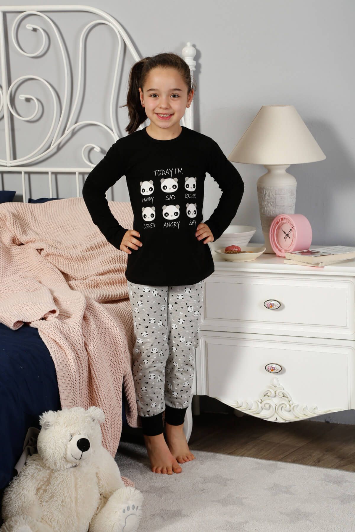 ELİTOL Kız Çocuk Siyah Pamuklu Likralı Pijama Takımı