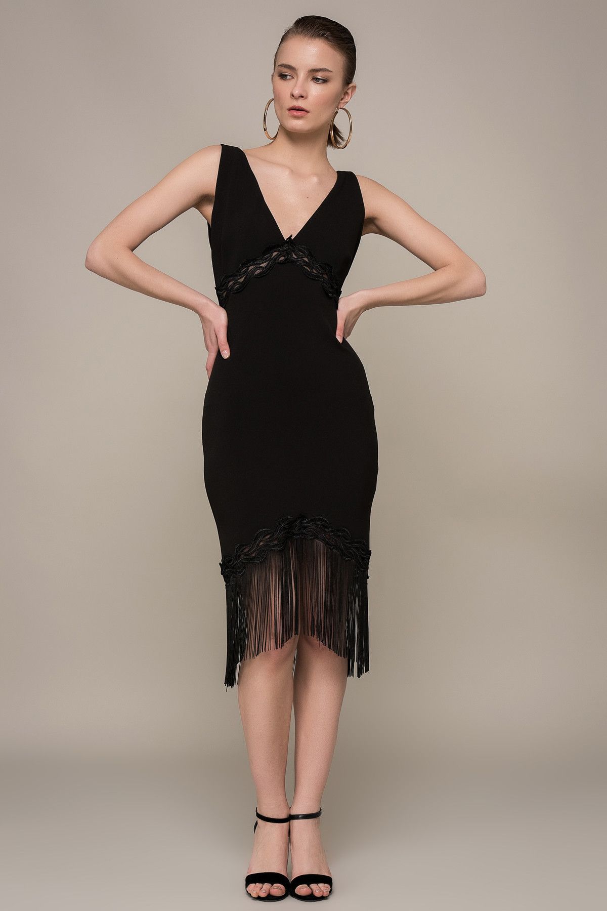 Y-London Kadın Siyah Etek Püsküllü Abiye Elbise EX-52881