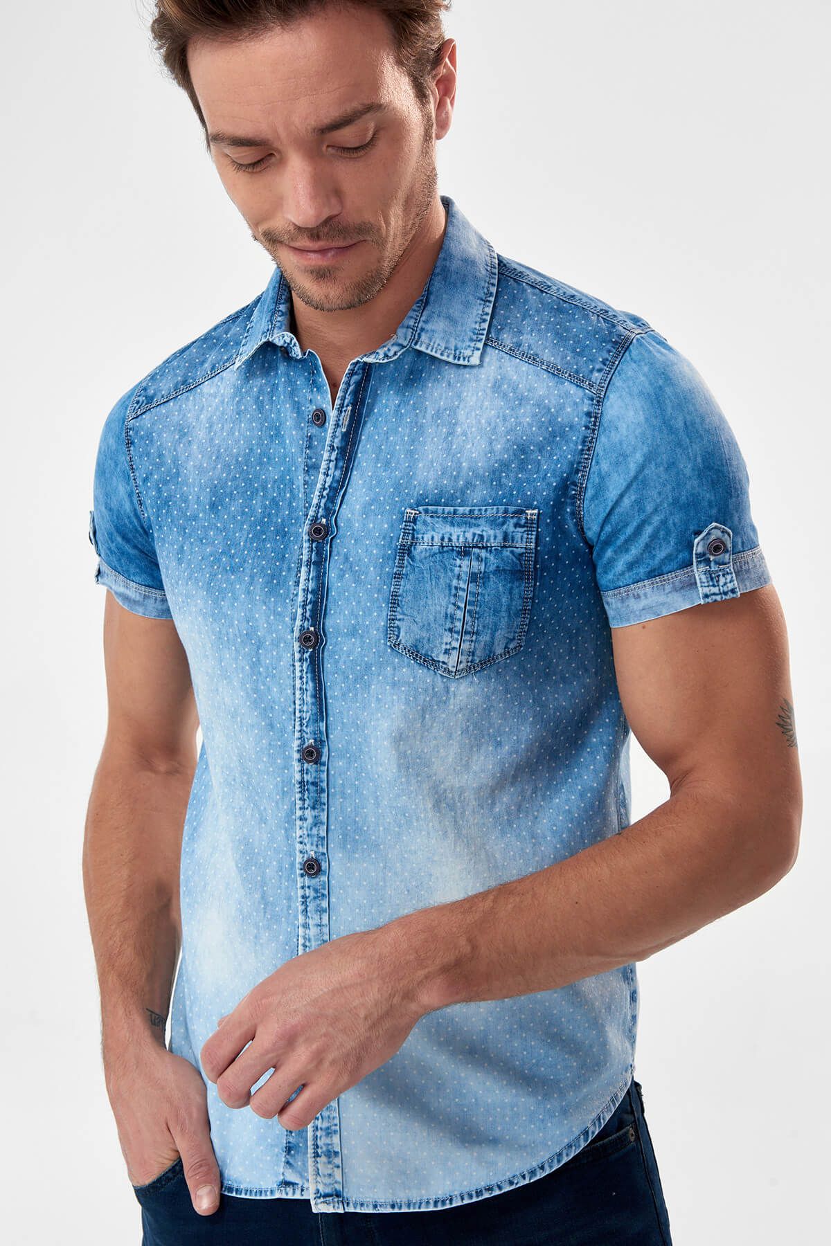 Twister Jeans Mavi Erkek Gömlek - Yıkamalı Desenli 14Se03001011