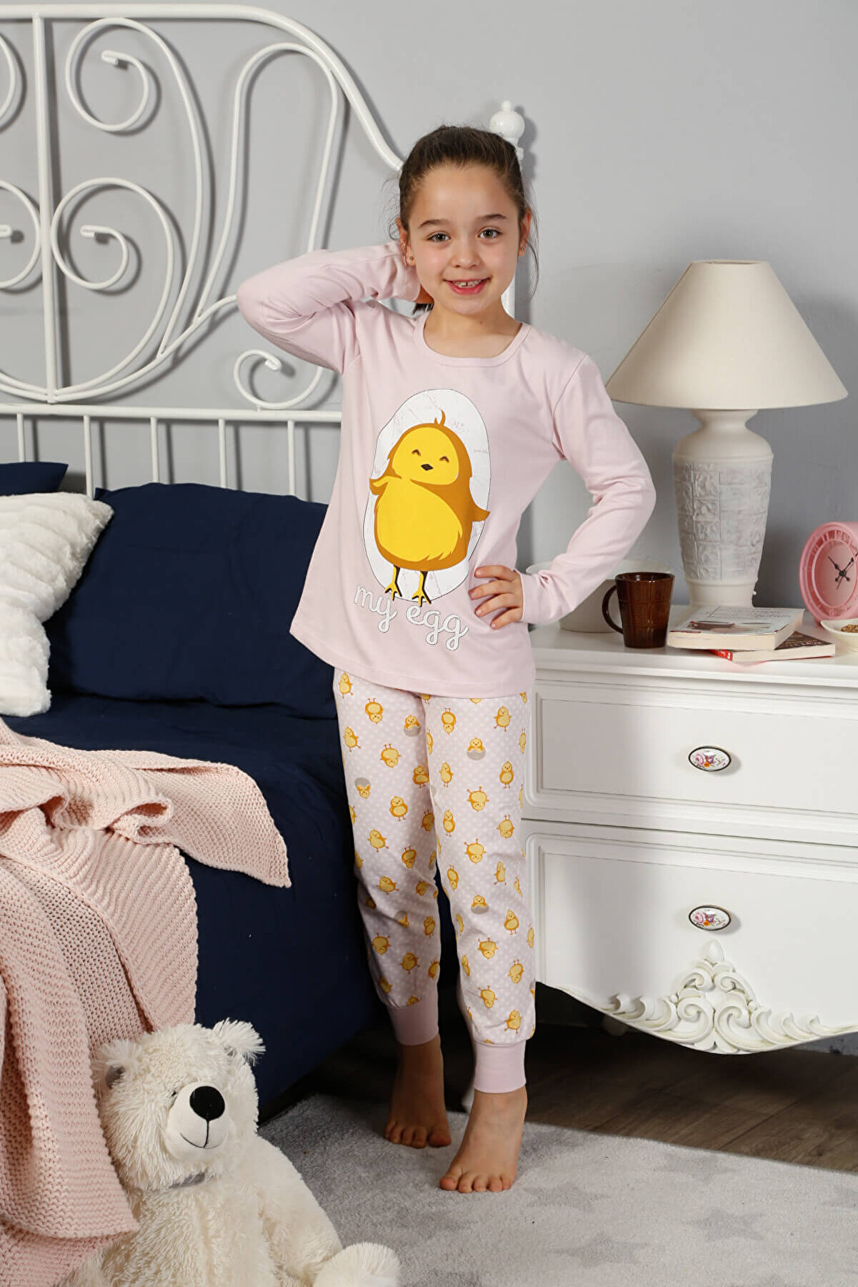 ELİTOL Kız Çocuk Pudra Pamuklu Likralı Pijama Takımı