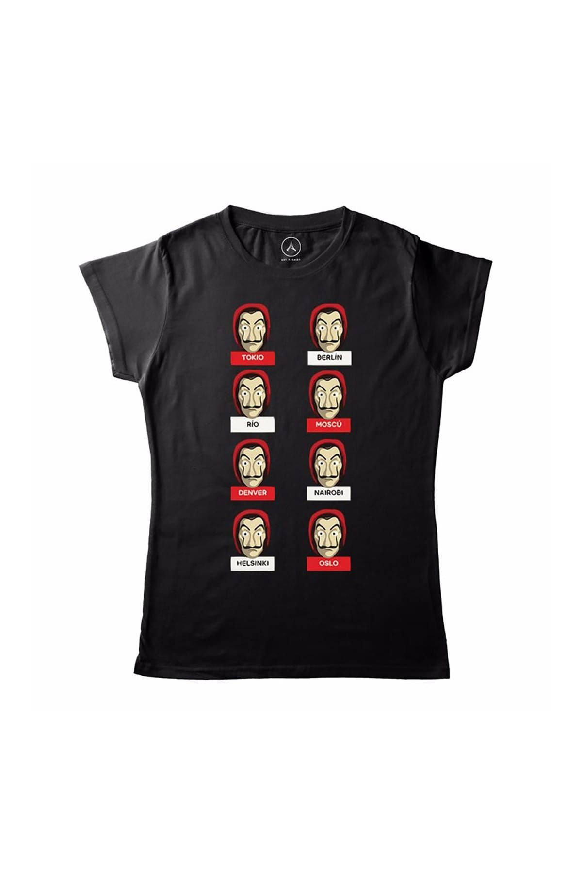 Art T-Shirt Kadın Siyah La Casa De Papel İsim Maske Ekip T-Shirt WA50703MK