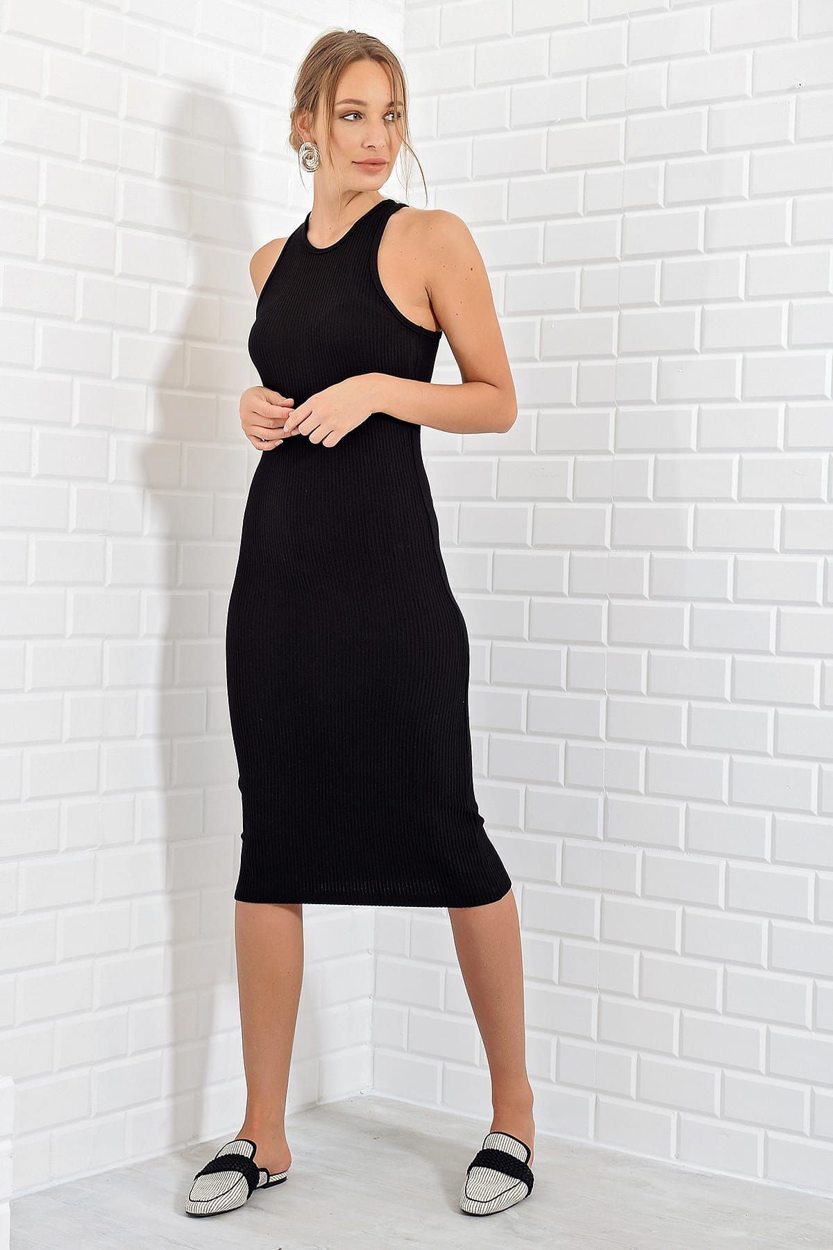Trend Alaçatı Stili Kadın Siyah Kaşkorse Basıc Elbise ALC-018-058-Z