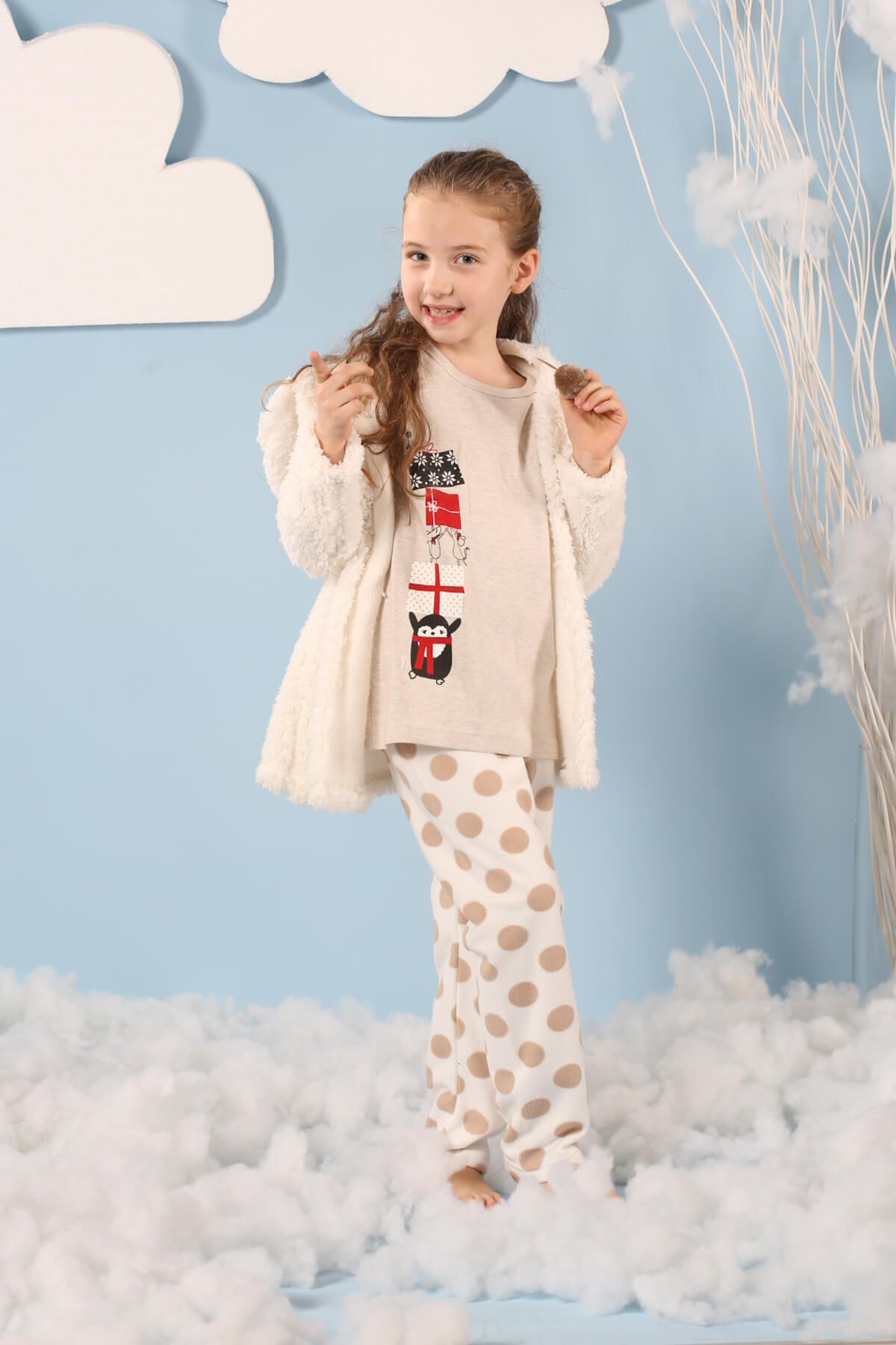 Siyah İnci Kız Çocuk Desenli 3'Lü Sabahlıklı Wellsoft Pijama Takımı 57814 .