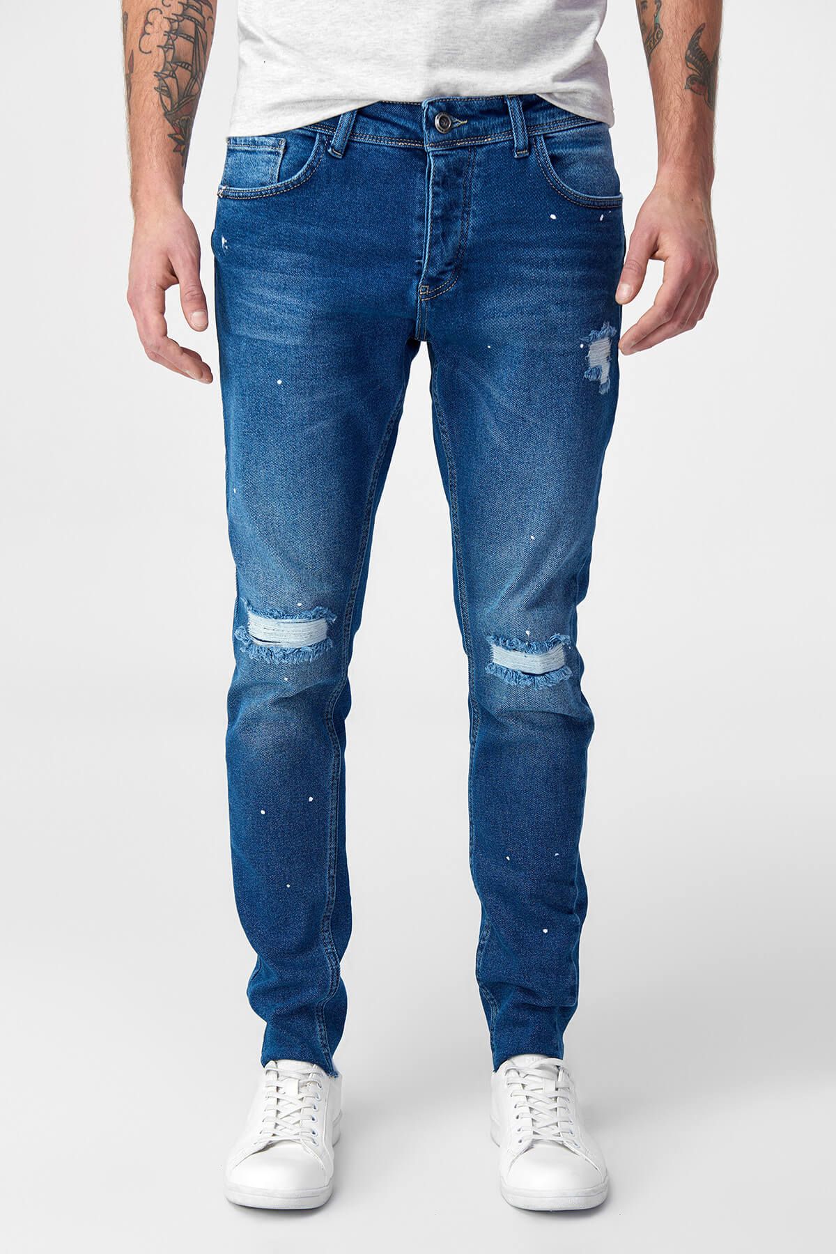 TRENDYOL MAN Denim House Mavi Erkek Jean -  Yıpratmalı Slim Fit Esnek Kumaş Denim Pantolon