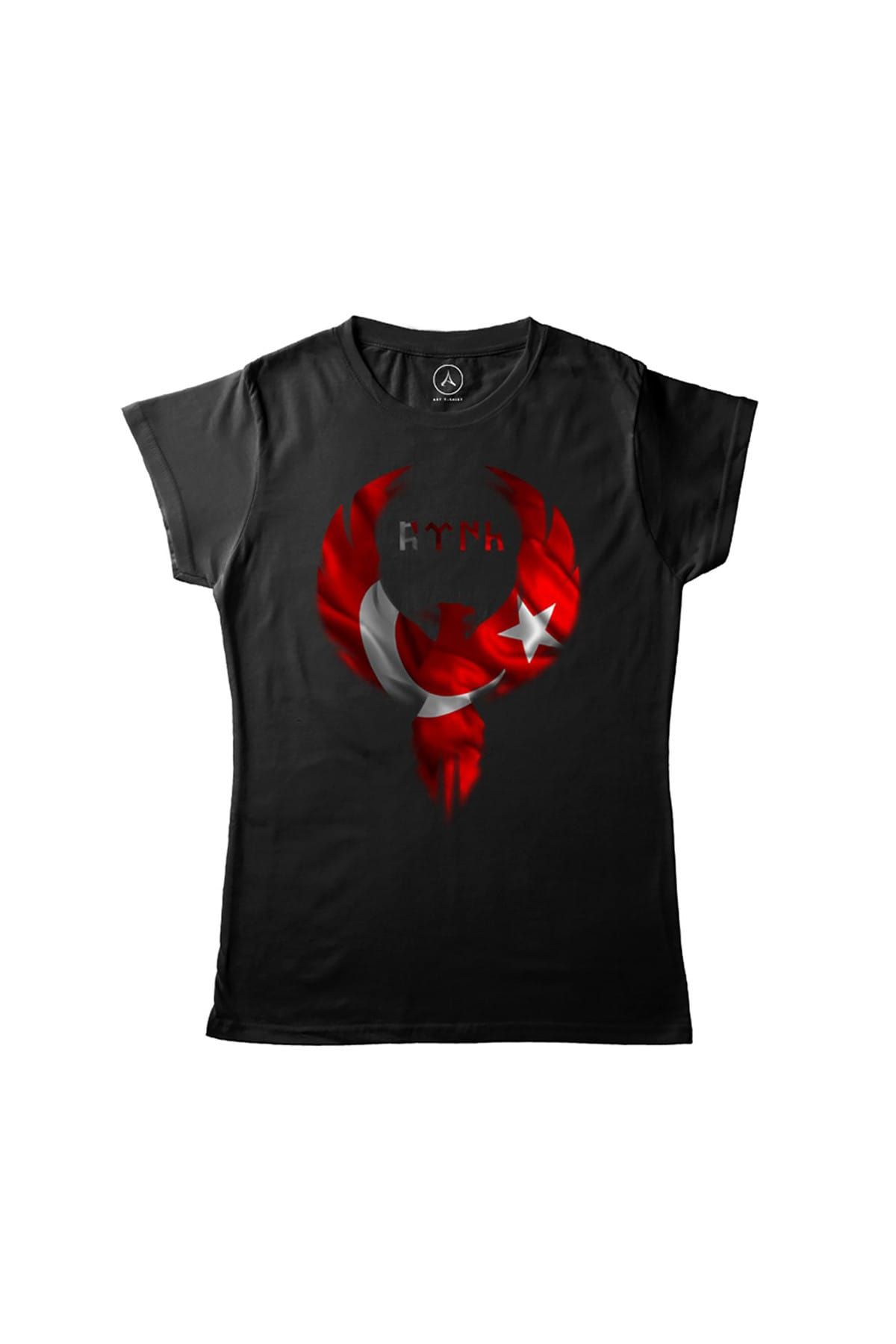 Art T-Shirt Kadın Siyah Göktürkçe Türk Kartal Bayrak T-Shirt ART00189WK
