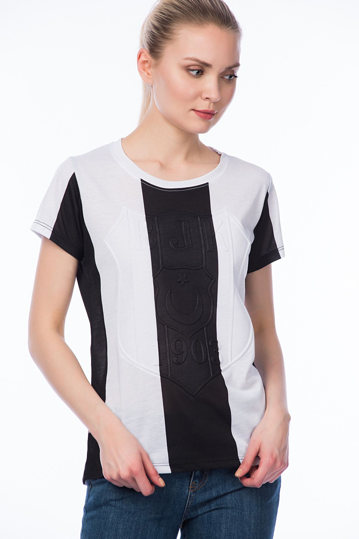 Beşiktaş Kadın Siyah - Beyaz T-Shirt - 8KEJB03005