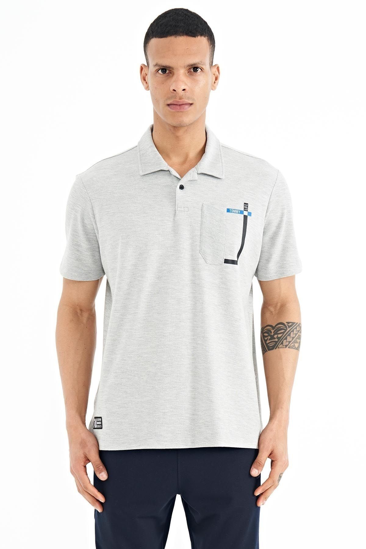 TOMMY LIFE Gri Melanj Cep Detaylı Baskılı Standart Kalıp Polo Yaka Erkek T-shirt - 88241