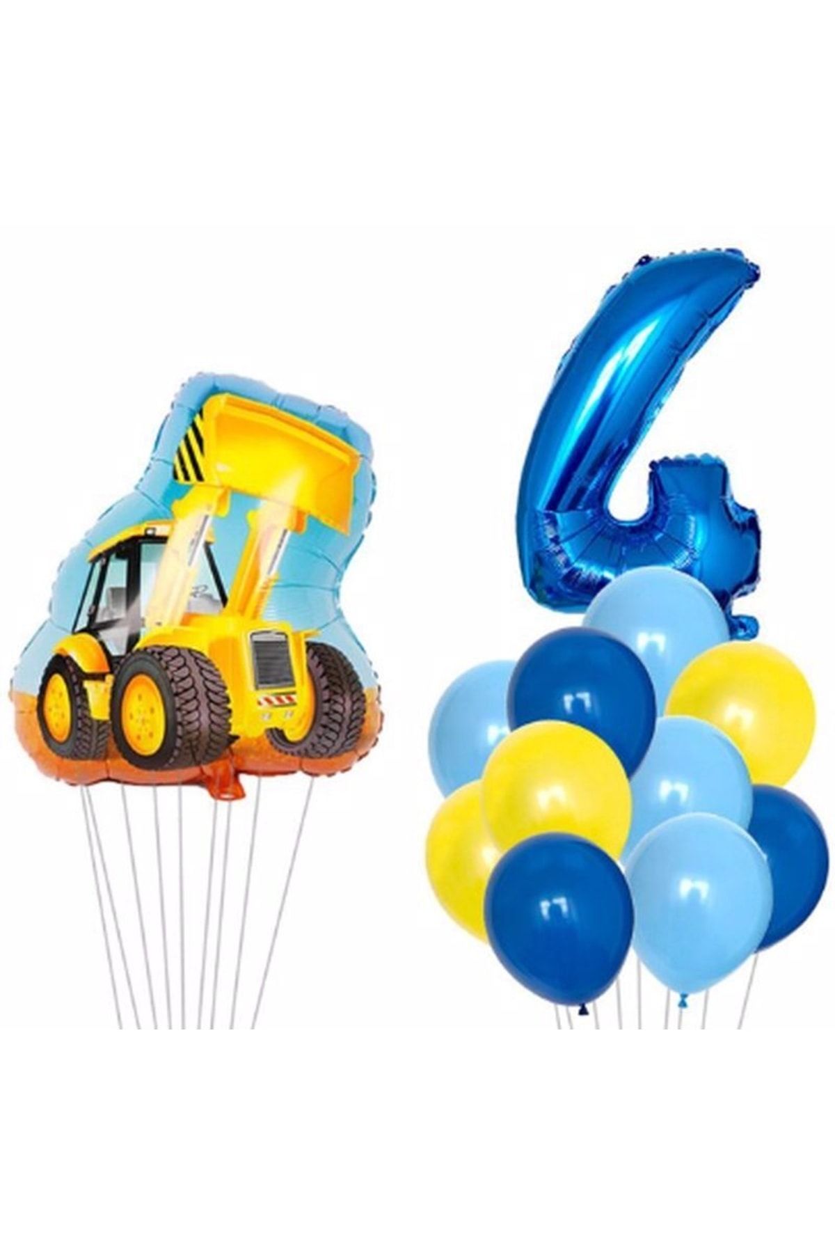 Parti Station Inşaat Balon Kepçe Balon Dozer Balon Kamyon Balon 4 Yaş Balon Rakam Konsept Balon Doğum Günü Set