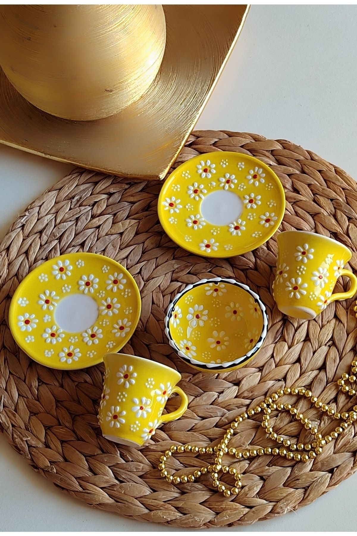 Den Tasarım Hediyelik Sarı Papatya Anneler Günü Özel 2kişilik Kahve Fincan Seti Ve Kase