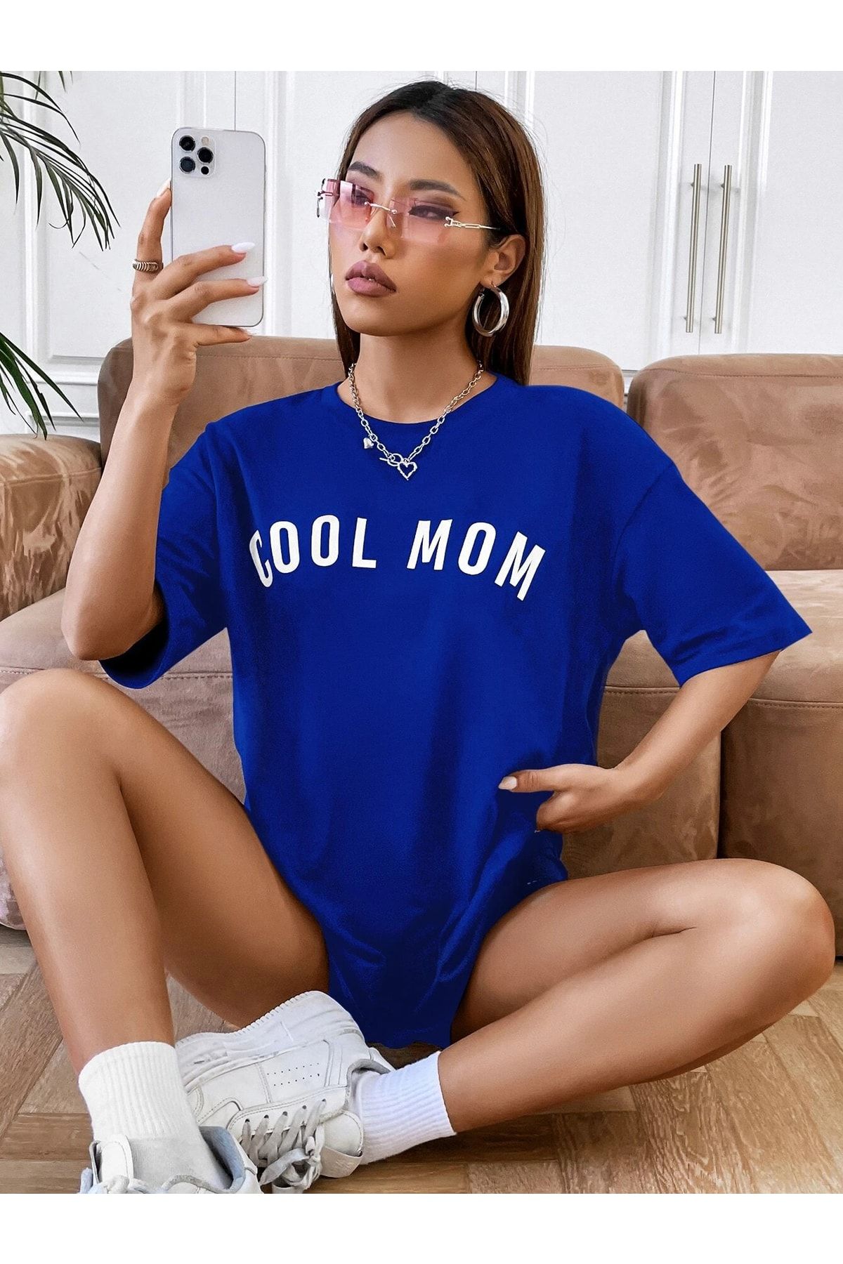 DUBU BUTİK Cool Mom T-shirt - Lacivert Baskılı Oversize Bisiklet Yaka Kısa Kol Tişört