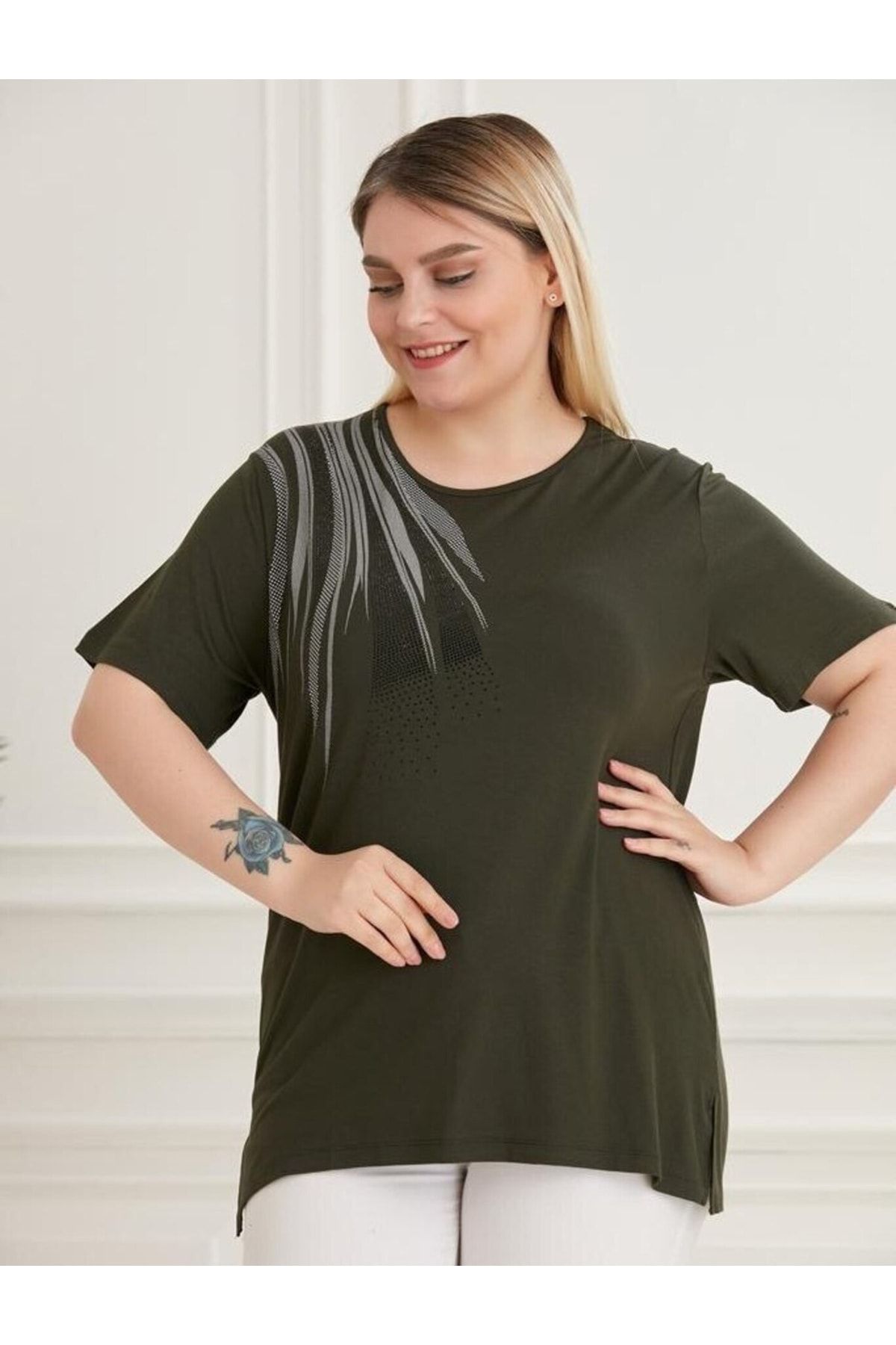 For Big Trend Kadın Tek Omuz Desenli Taşlı Viskon Esnek Kısa Kol T-shirt