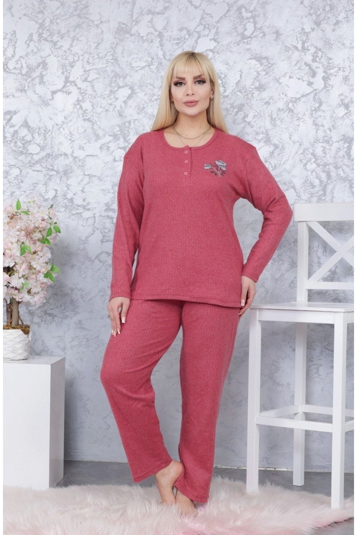 Meba Kadın Büyük Beden Kışlık Bordo Tek Çiçek Pijama Takımı