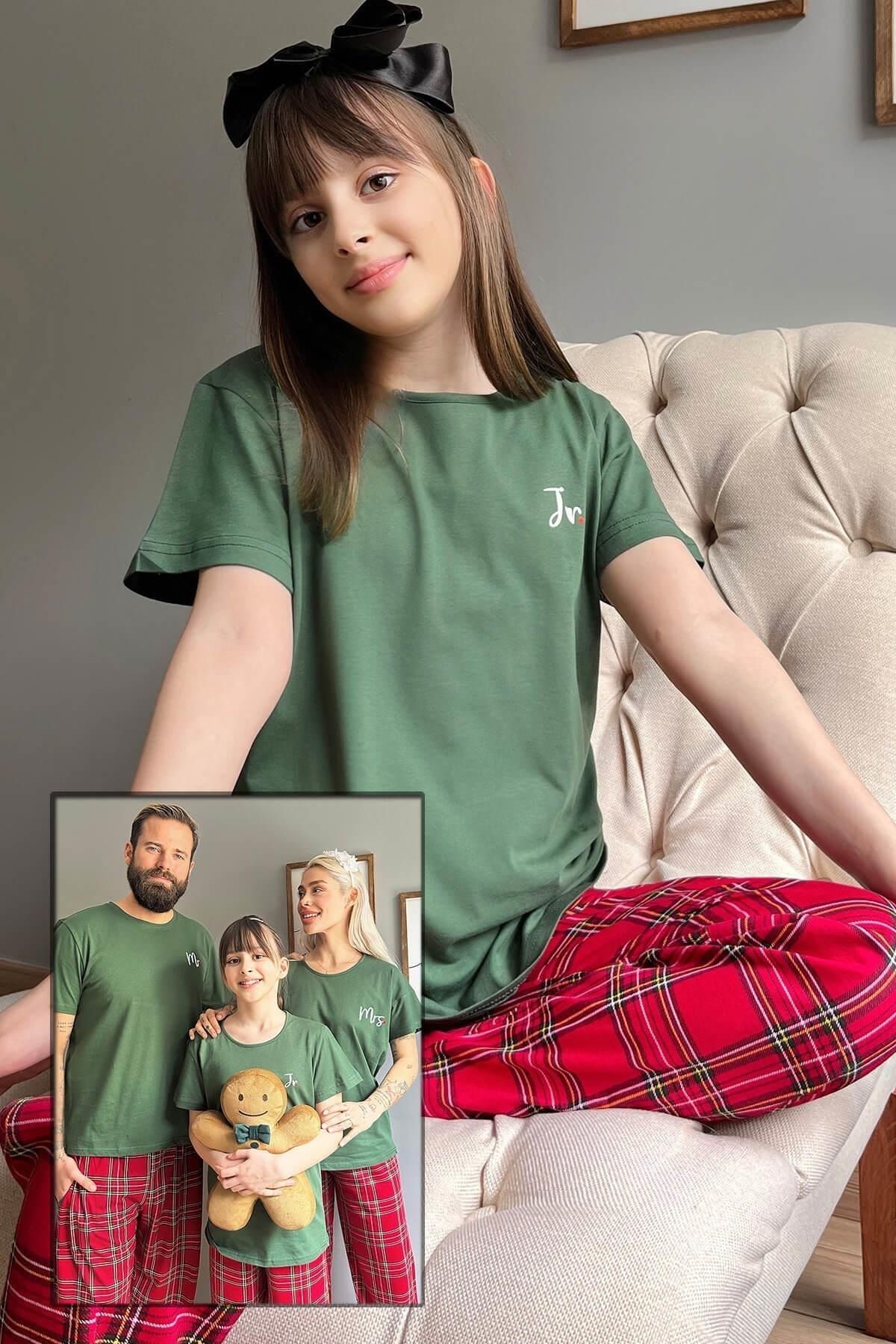 Pijamaevi Yeşil Jr. Kısa Kol Anne Kız Aile Pijaması - Çocuk Takımı