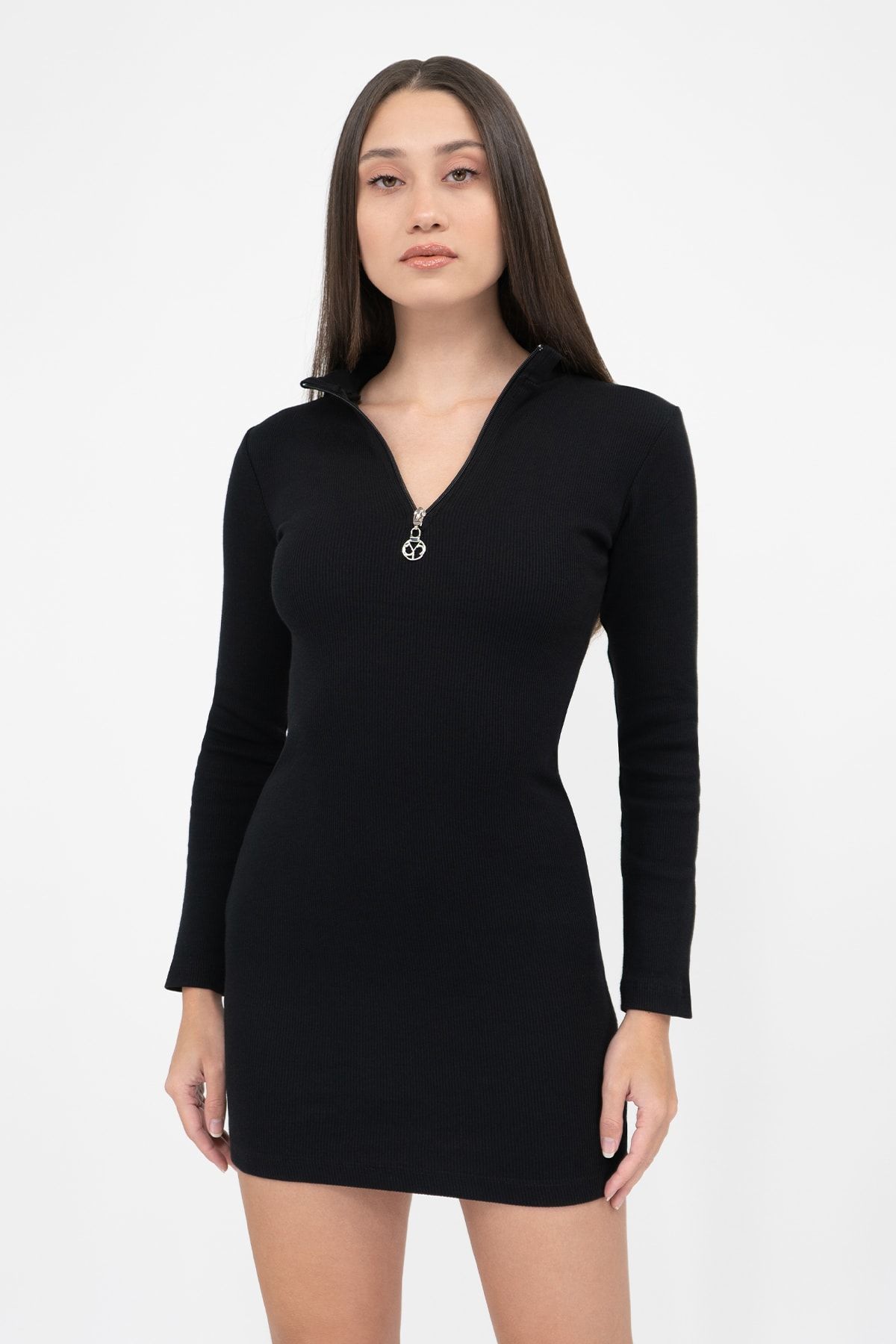 Soyo Kadın Siyah Fermuarlı Kaşkorse Süper Mini Örme Elbise