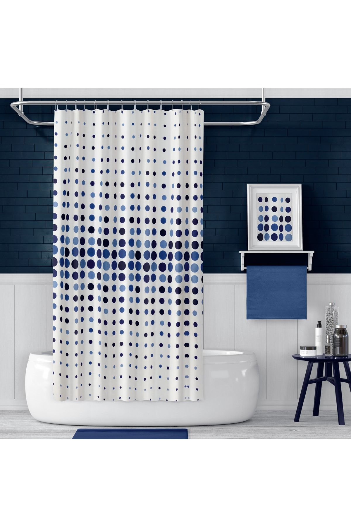 Zethome Banyo Perdesi Mavi Puantiyeli 1x110x200 Tek Kanat Duş Perdesi Halka Hediyeli 4961