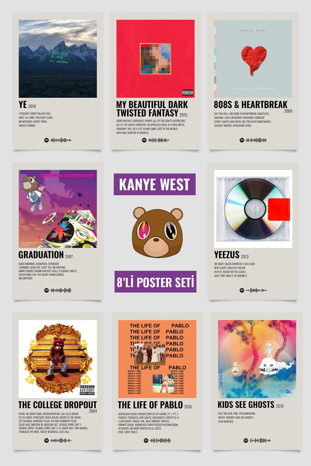 Vinca Prints Kanye West Müzik Albüm Poster Seti Polaroid Müzik Posteri Duvar Dekoru Kanye West Posterleri