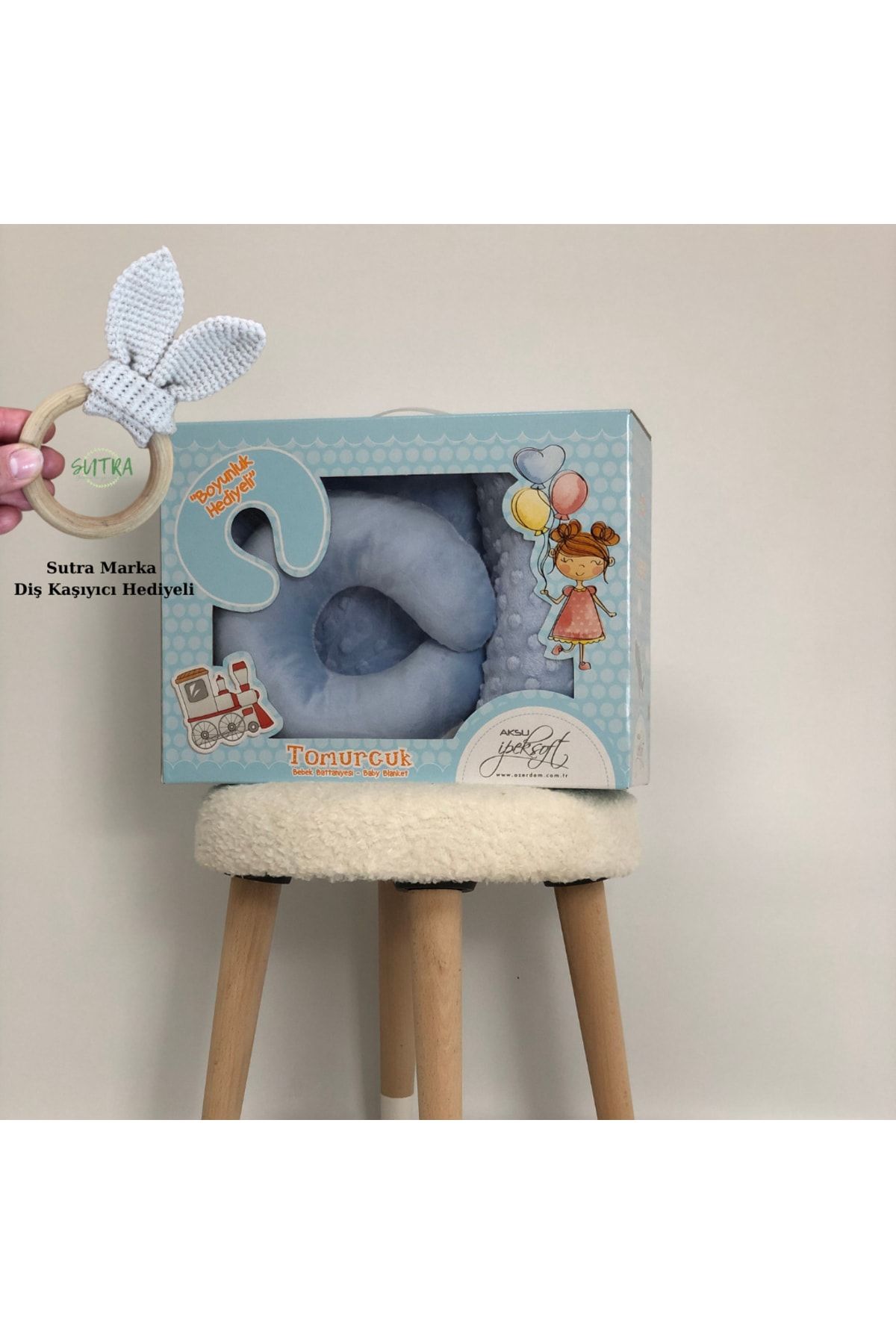 AKSU Ipeksoft Kutulu Boyun Yastıklı Sutra Marka Diş Kaşıyıcı Hediyeli Bebek Battaniyesi