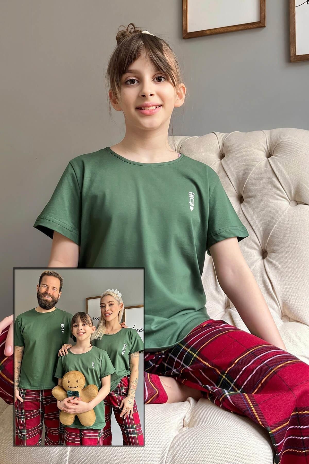 Pijamaevi Yeşil Queen Kısa Kol Anne Kız Aile Pijaması - Çocuk Takımı