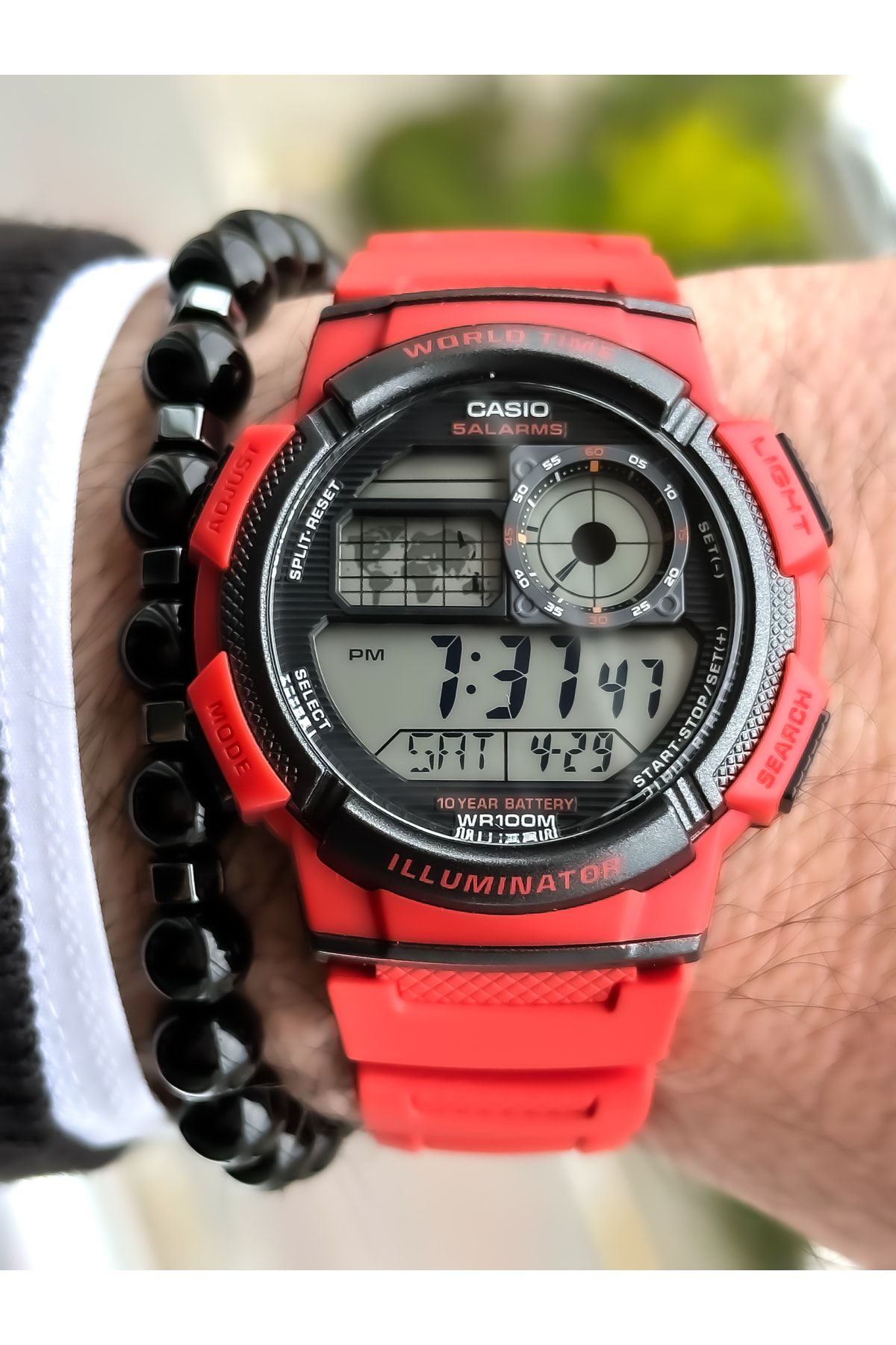 Casio Marka Kronometre, Alarm, Takvimli Kırmızı Silikon Kordon Dijital Spor Erkek Kol Saati+bileklik