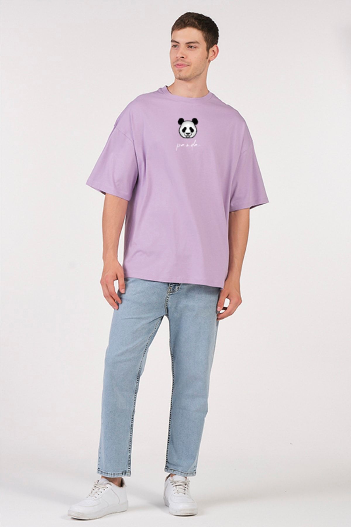 to COSMOS Oversize T-shirt Renkli Yarım Yüz Panda Lila
