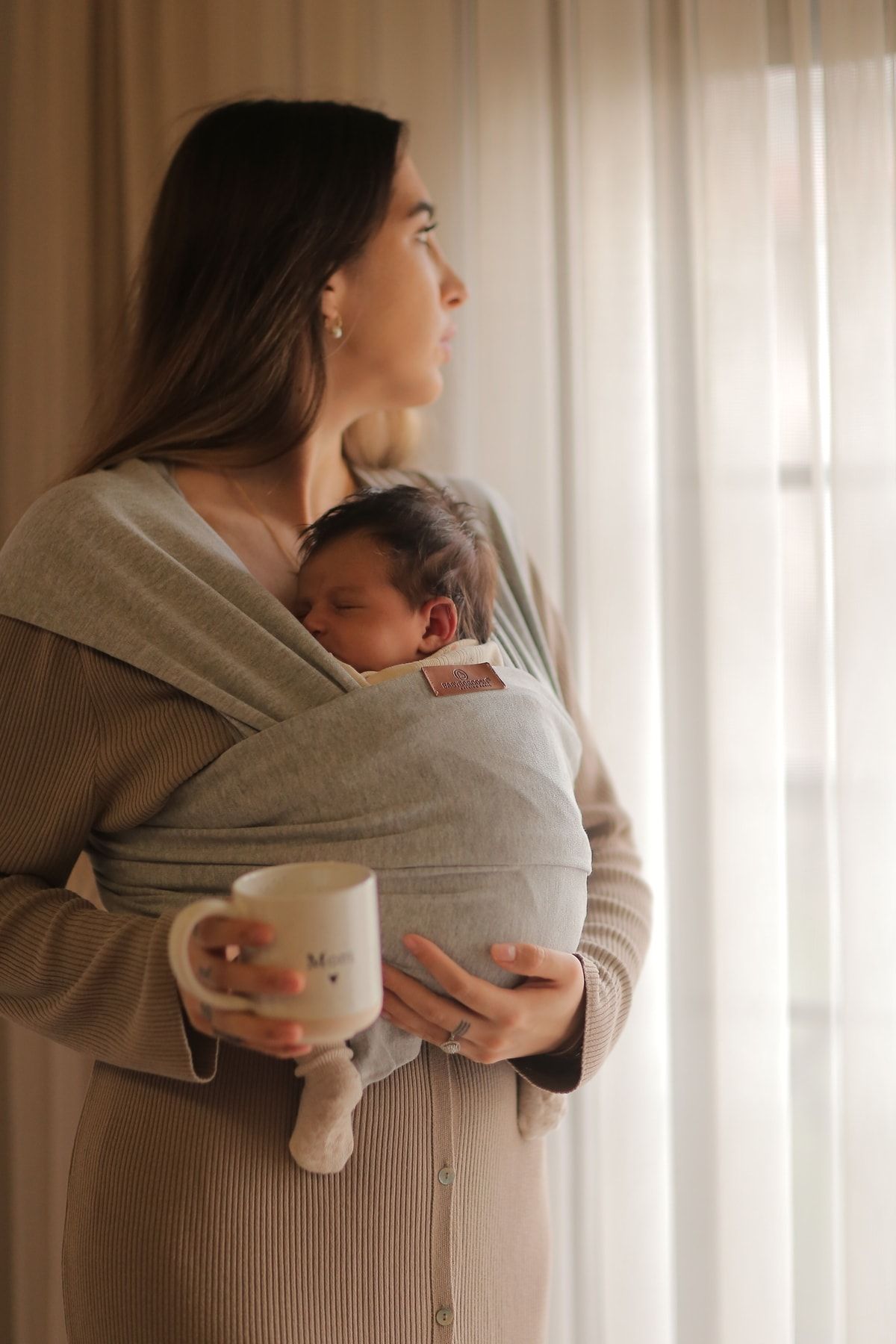 Boroosh Baby Sling %100 Pamuklu Kese Ve Bere Hediyeli Gri Bebek Taşıma Şalı