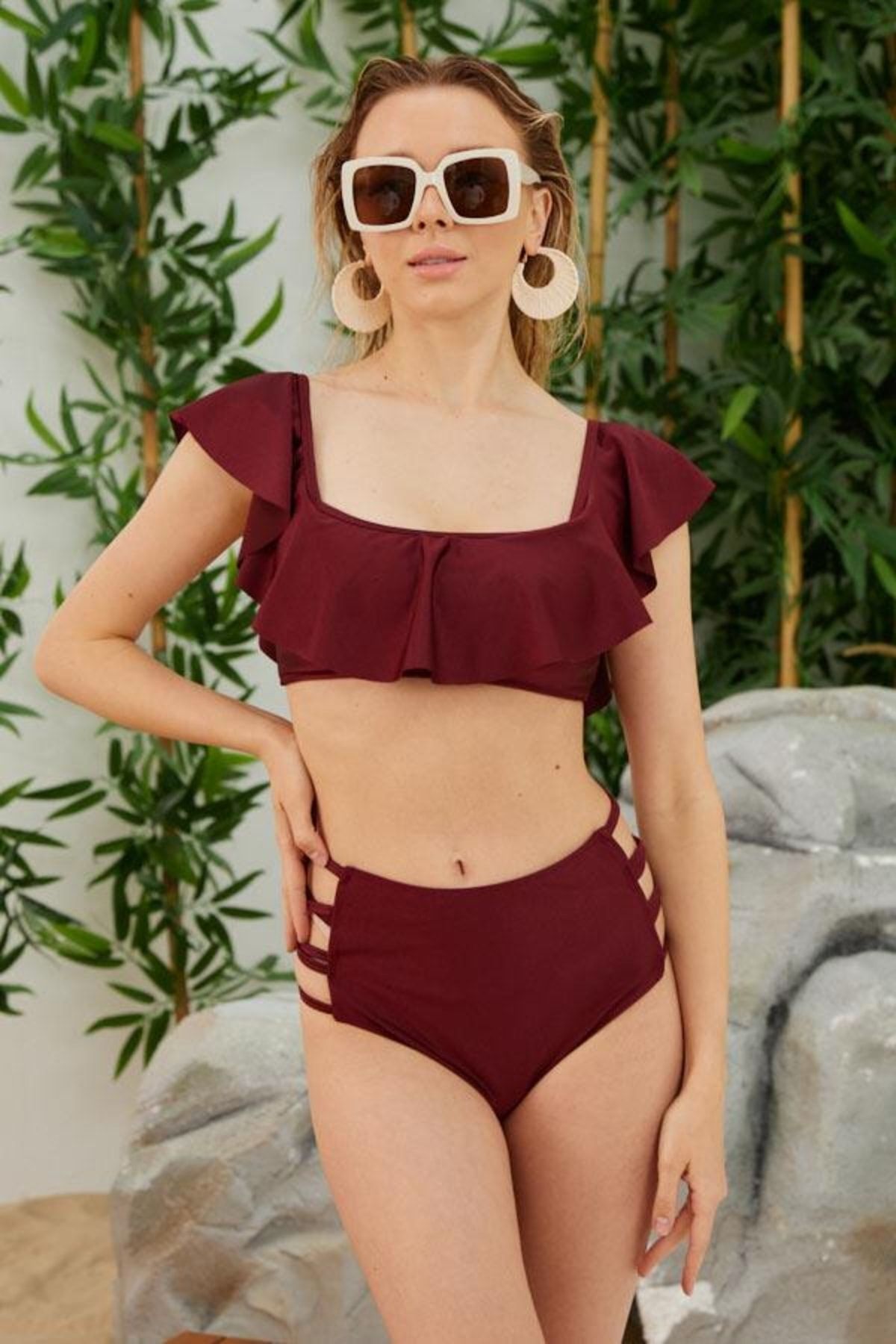 Starinci Mayo Volanlı Yüksek Bel Ip Detaylı Bordo Bikini Takımı