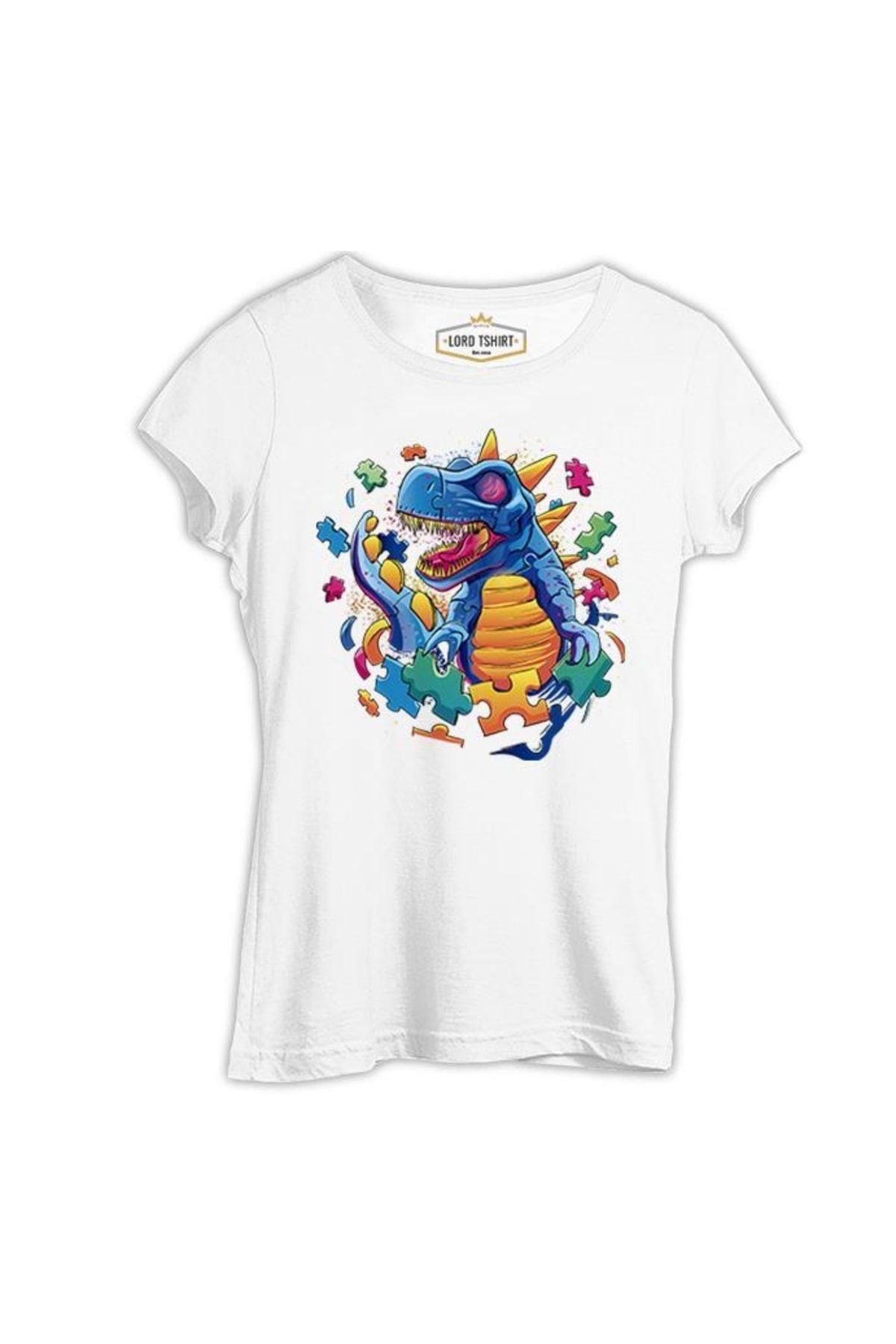 Lord T-Shirt Dinosaur With Puzzle Pieces Around Beyaz Tshirt