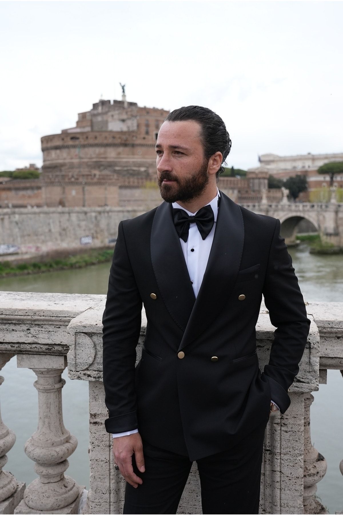 PAREZ Erkek Kruvaze Şal Yaka Damatlık Kol Manşetli Metal Düğme Slim Fit Italyan Stil Ceket Pantolon Papyon