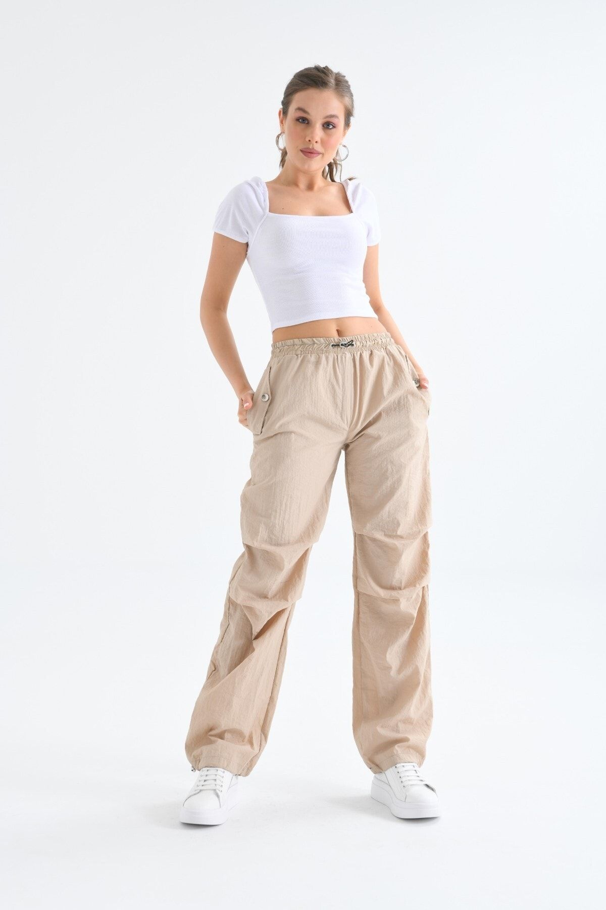 VOLT CLOTHİNG Kadın Paraşüt Kumaş Lastikli Bel Pantolon