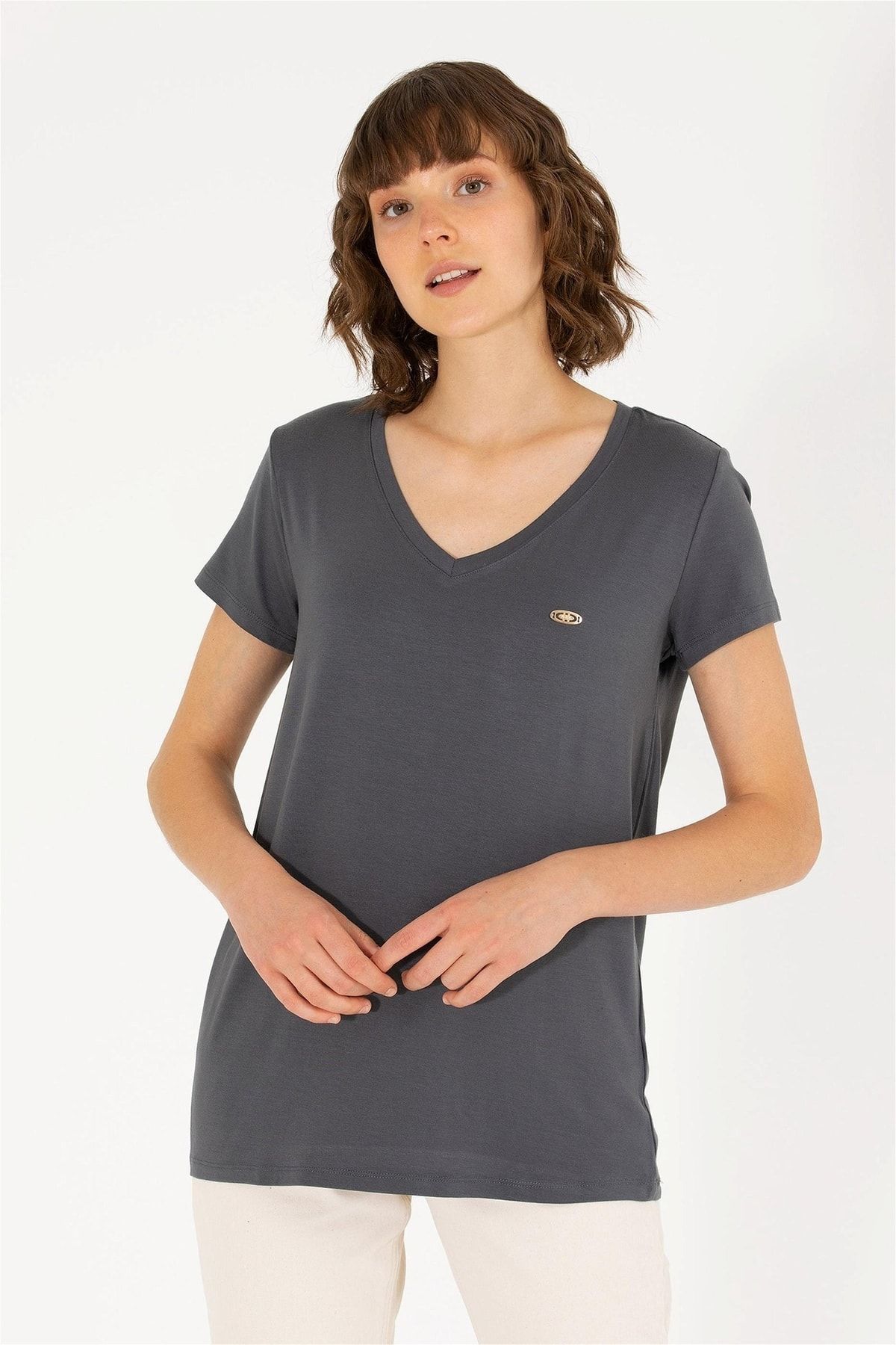 U.S. Polo Assn. Kadın Antrasit V - Yaka Basic T-shirt