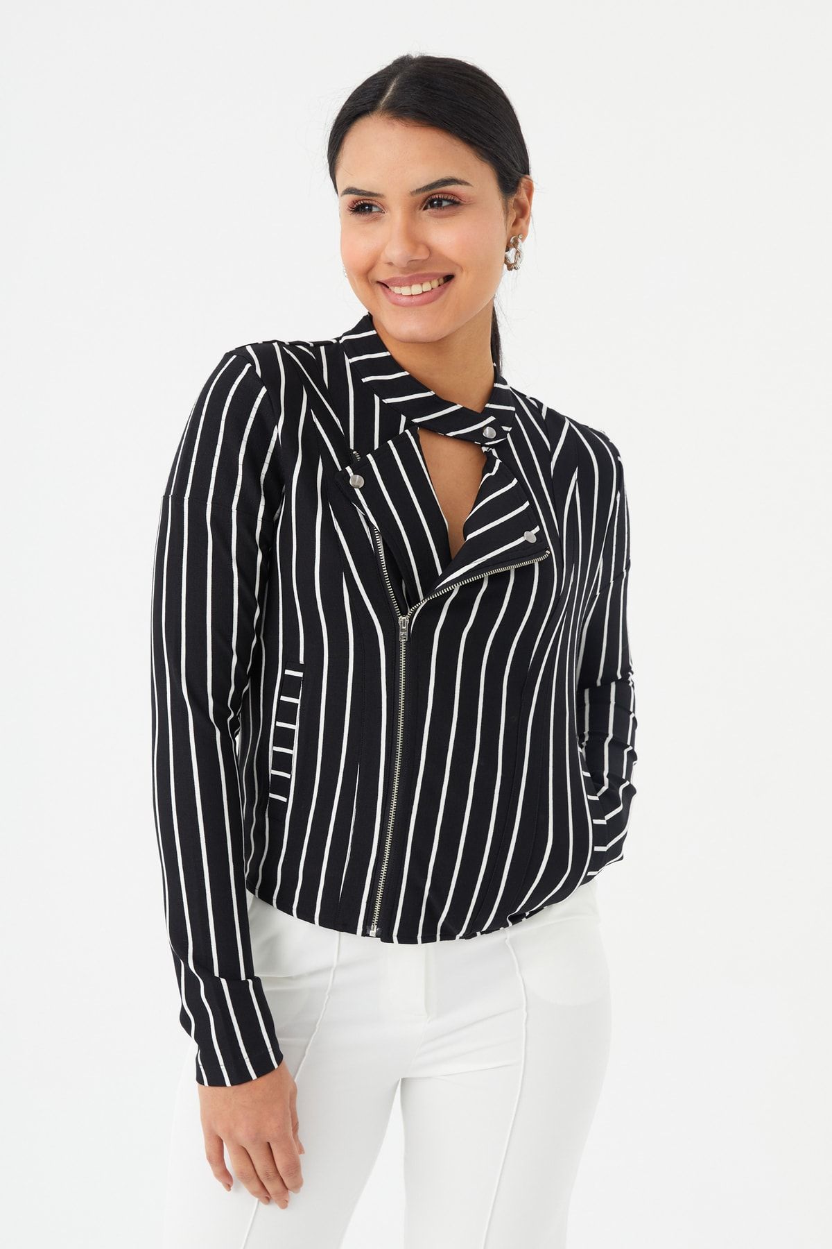 Hanna's Kadın Siyah-beyaz Cep Detaylı Fermuarlı Blazer Ceket Hn070