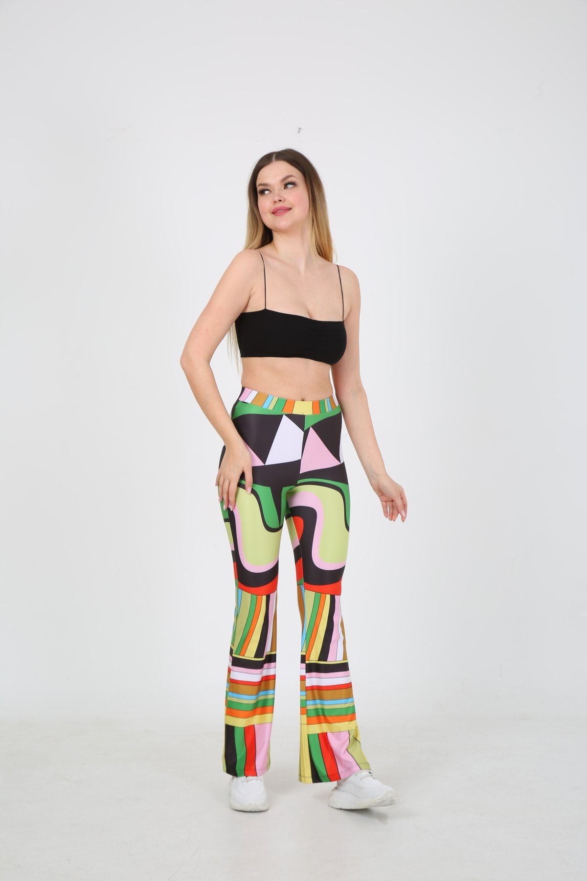 EDSA Polyester Renkli Geometrik Desenli Ispanyol Paça Pantalon