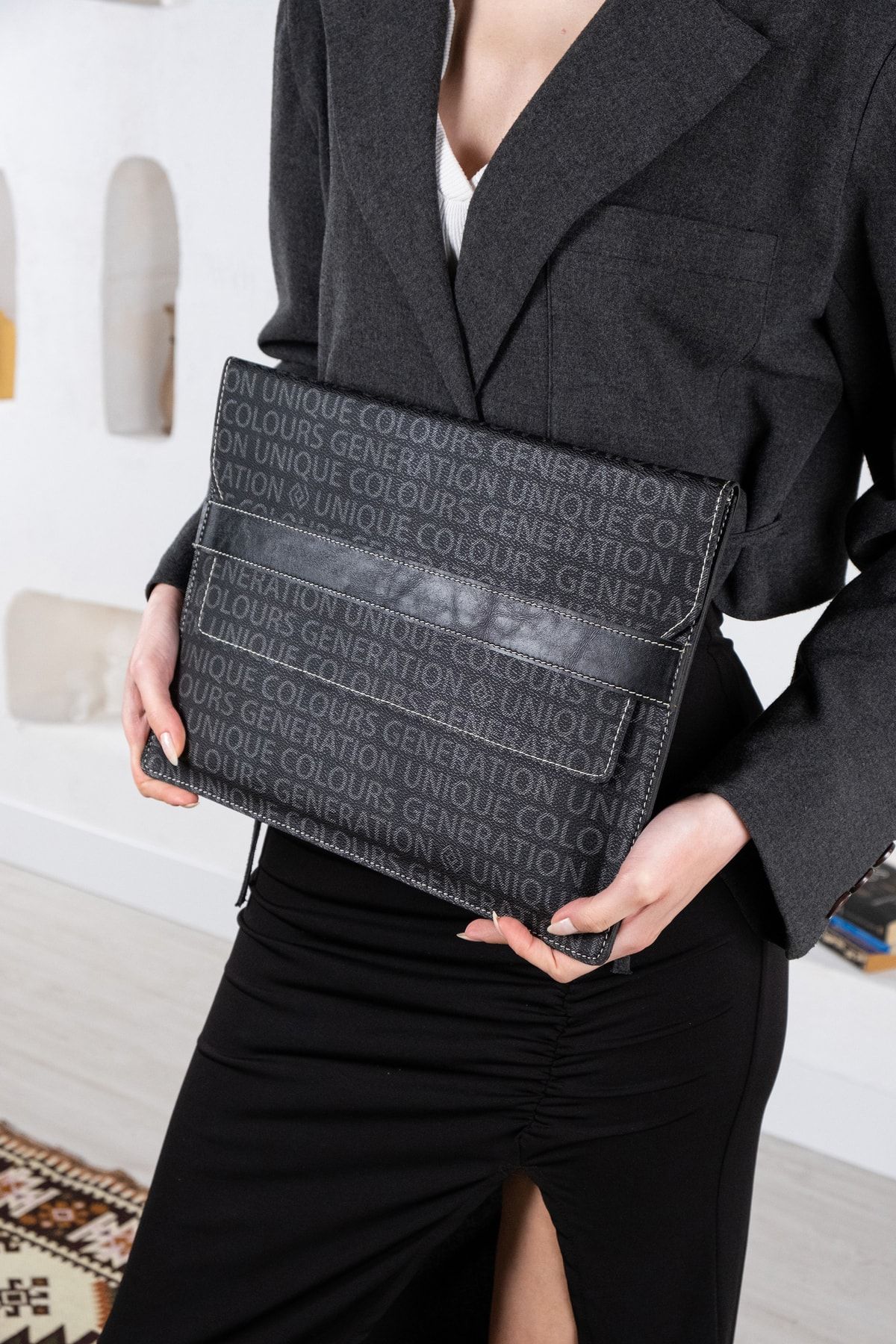 dk leather Siyah Desenli 13 13.3 13.6 14 Inç Uyumlu Notebook Laptop Kılıfı M1 M2 Macbook Air Pro Portföy Çanta